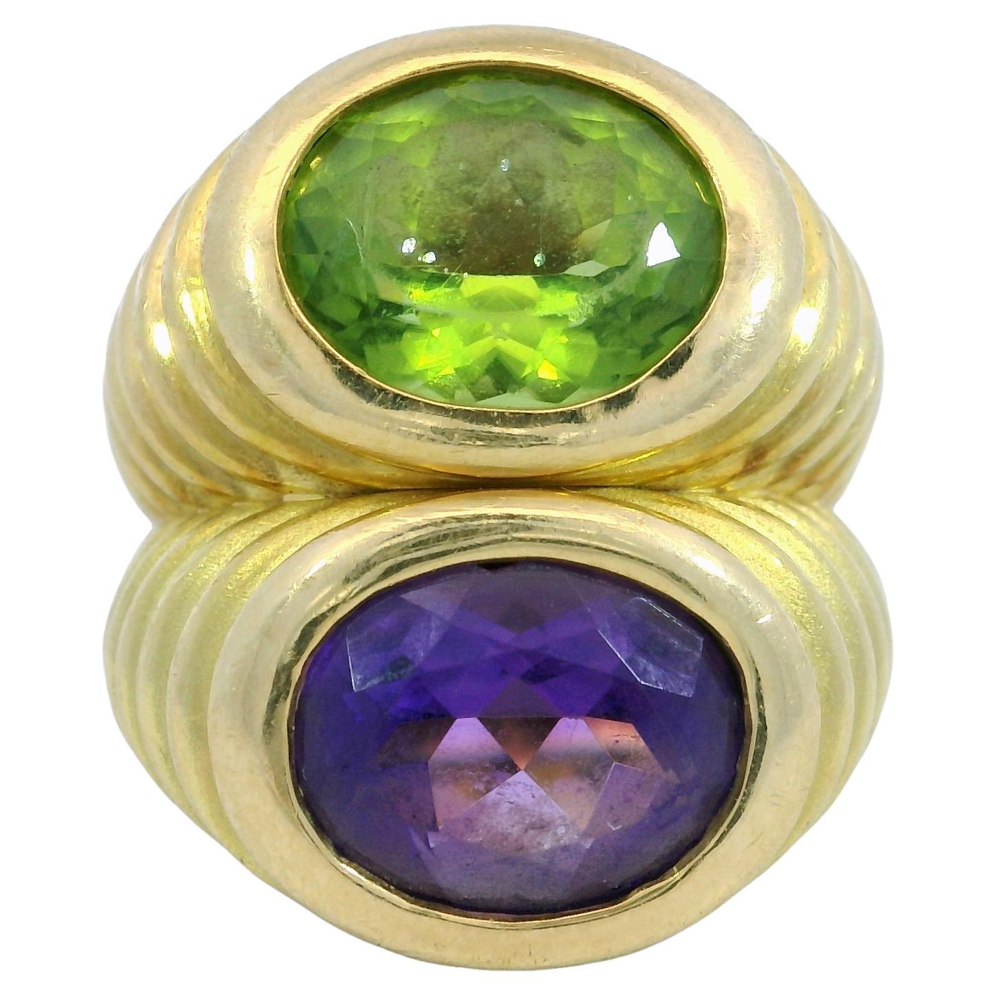 French Doppio Ring Peridot Amethyst Double Row Ring in 18K Yellow Gold en vente