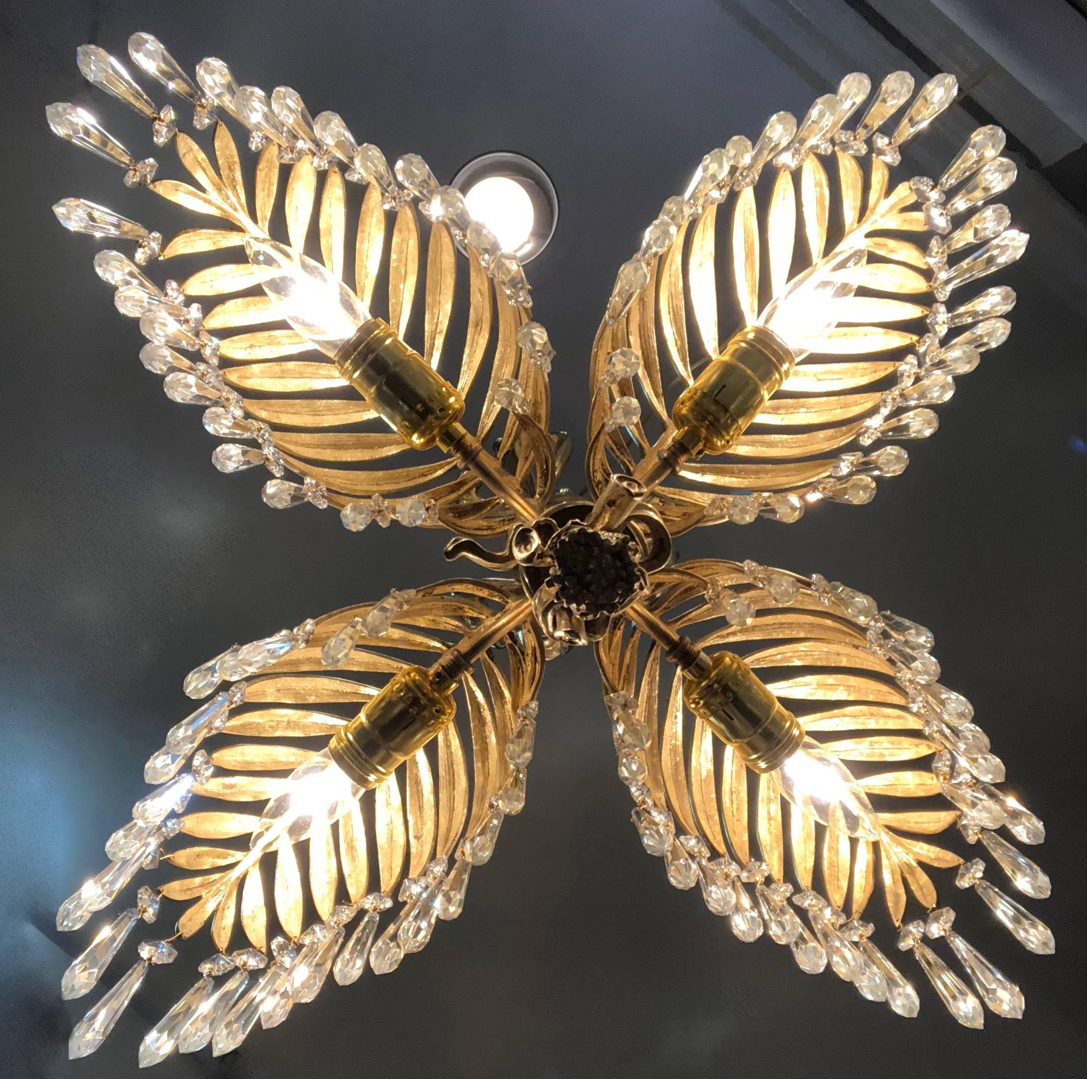 20th Century French Dore Bronze and Crystal Maison Jansen Palm Chandelier 