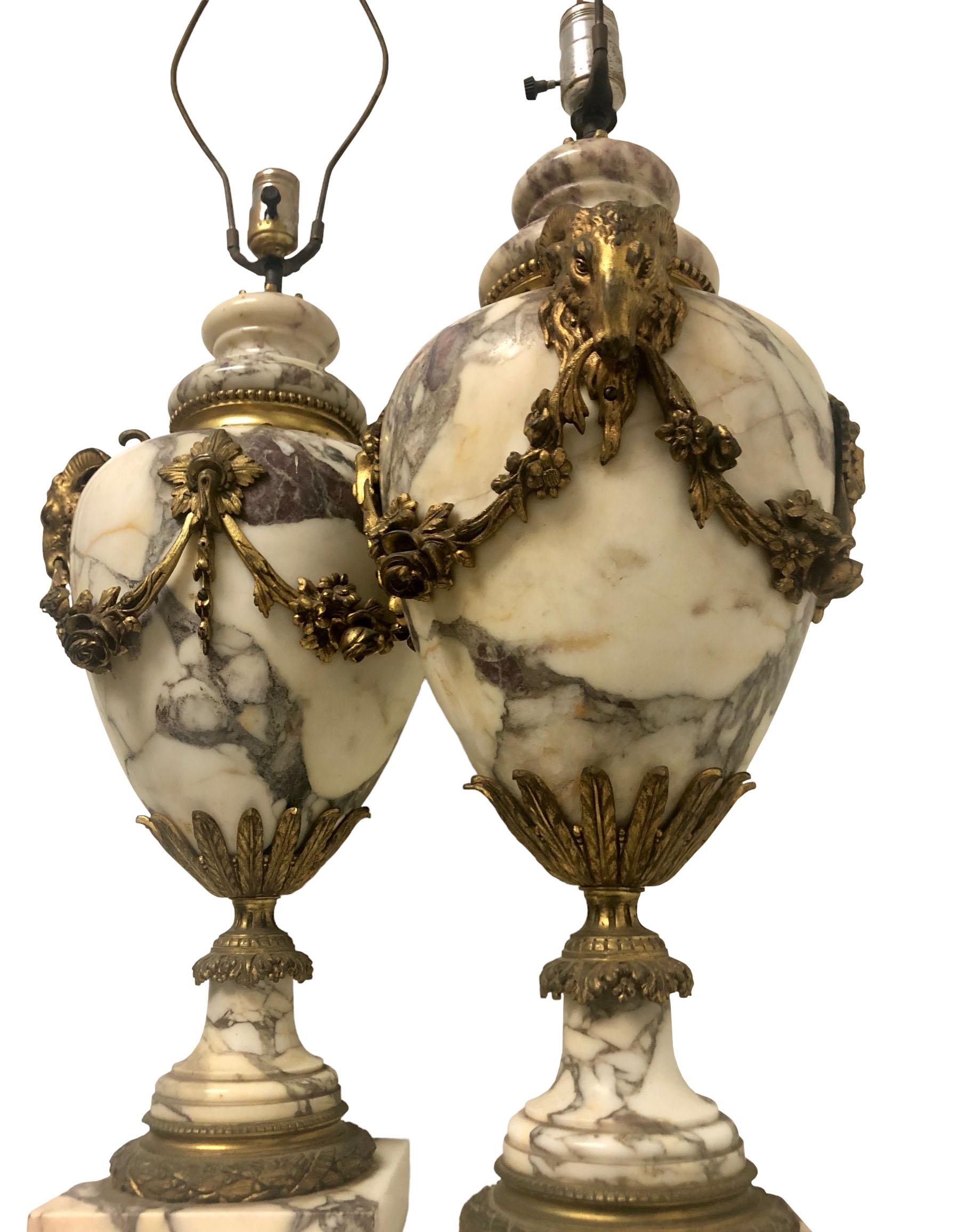 French Dore Bronze and Marble Castellettes as Lamps In Good Condition For Sale In Tampa, FL