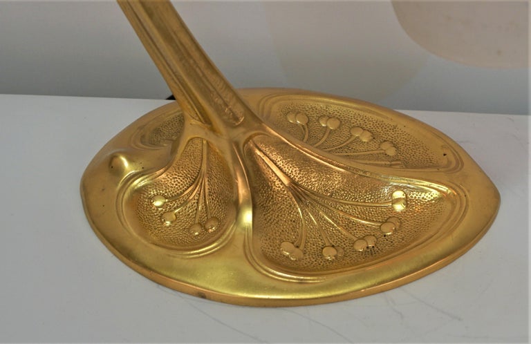 French Dore bronze blown art glass shade art nouveau table lamp.