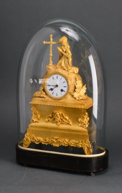 French Dore Bronze Mantel Clock with Woman in Prayer