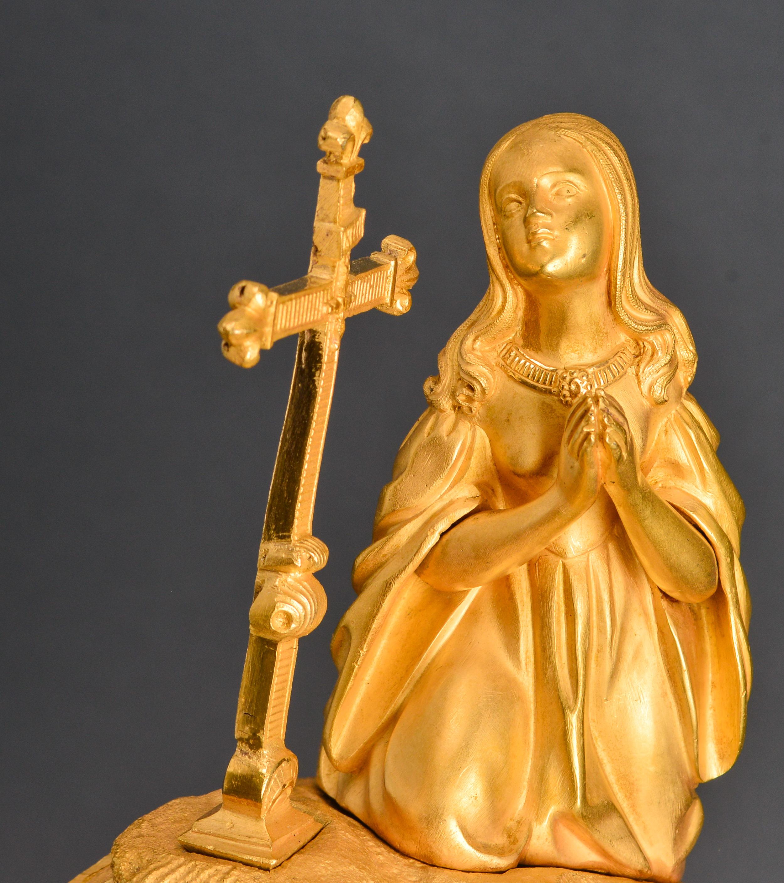 19th Century French Dore Bronze Mantel Clock with Woman in Prayer