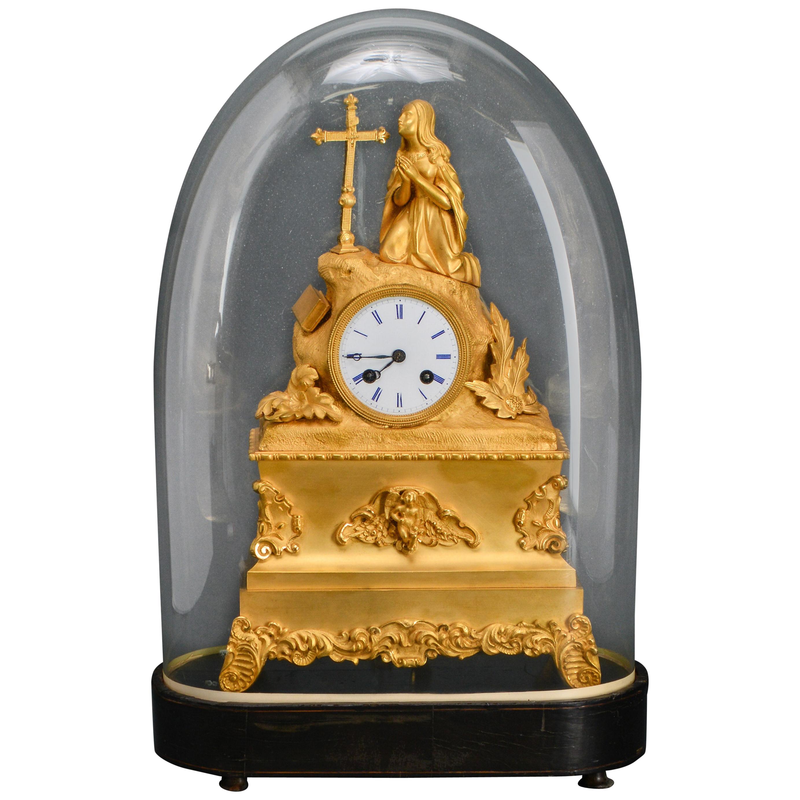 French Dore Bronze Mantel Clock with Woman in Prayer