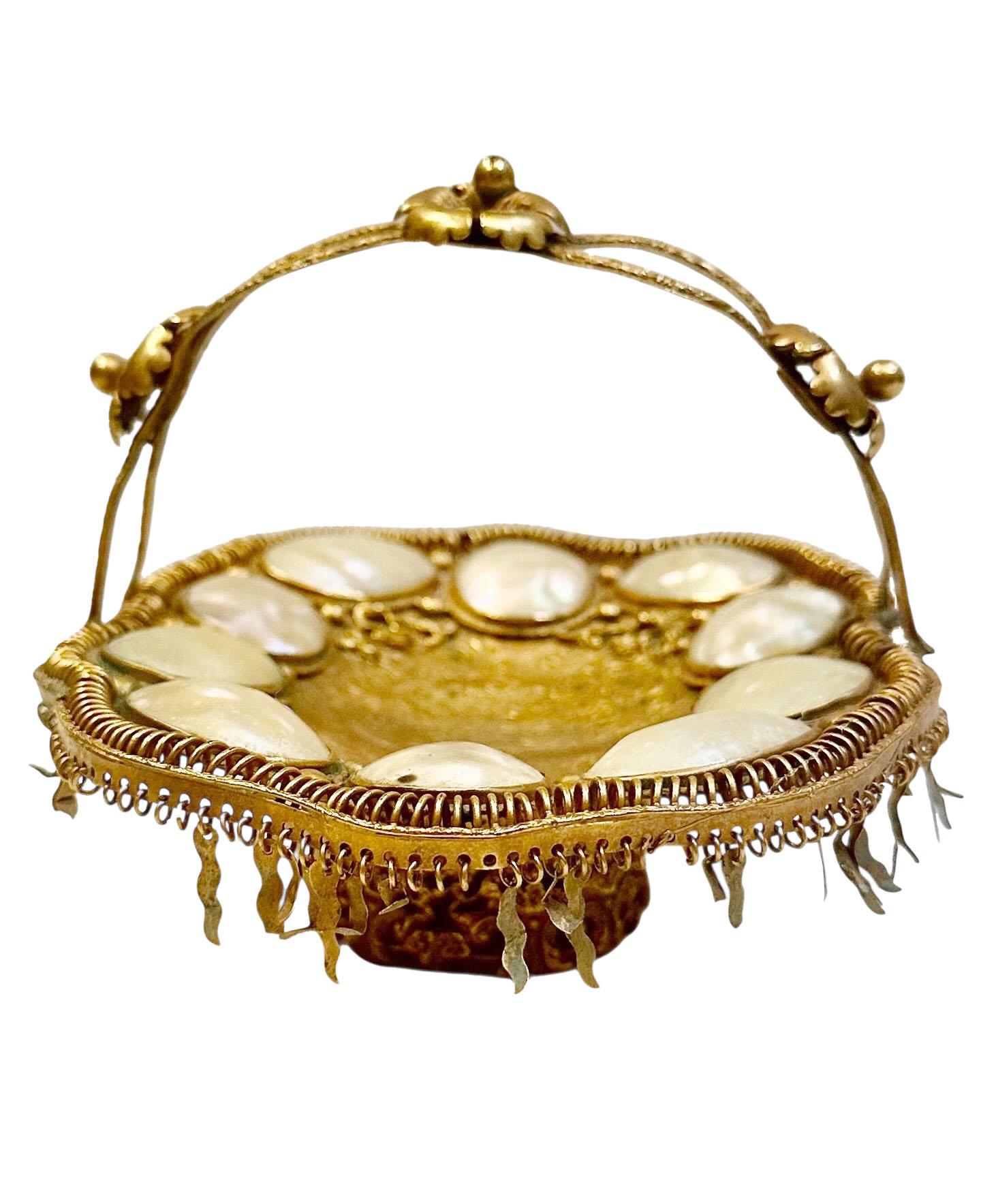 French Dore Bronze & Mother-of-Pearl Whimsical Basket In Excellent Condition For Sale In Tampa, FL