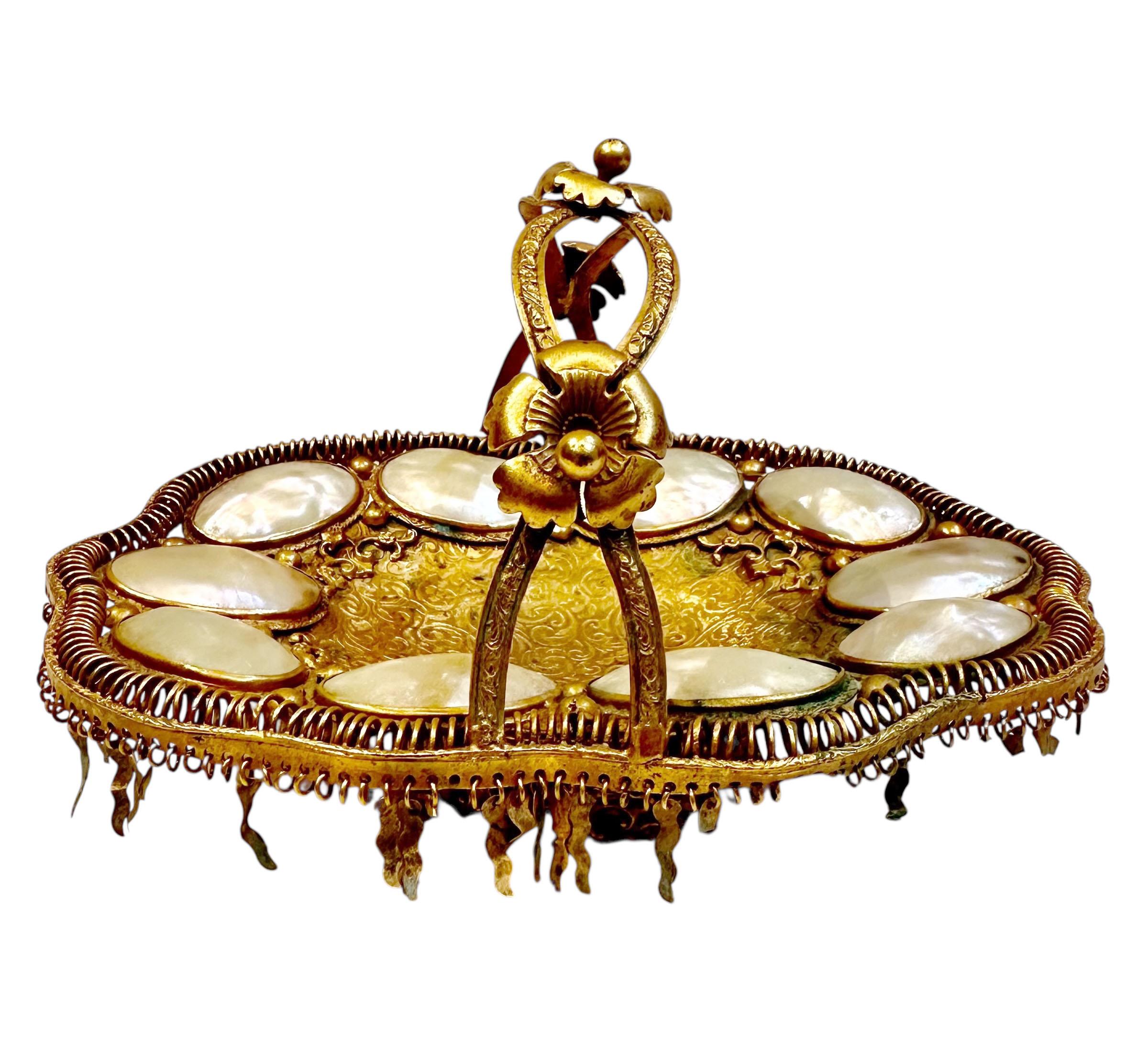 Late 19th Century French Dore Bronze & Mother-of-Pearl Whimsical Basket For Sale