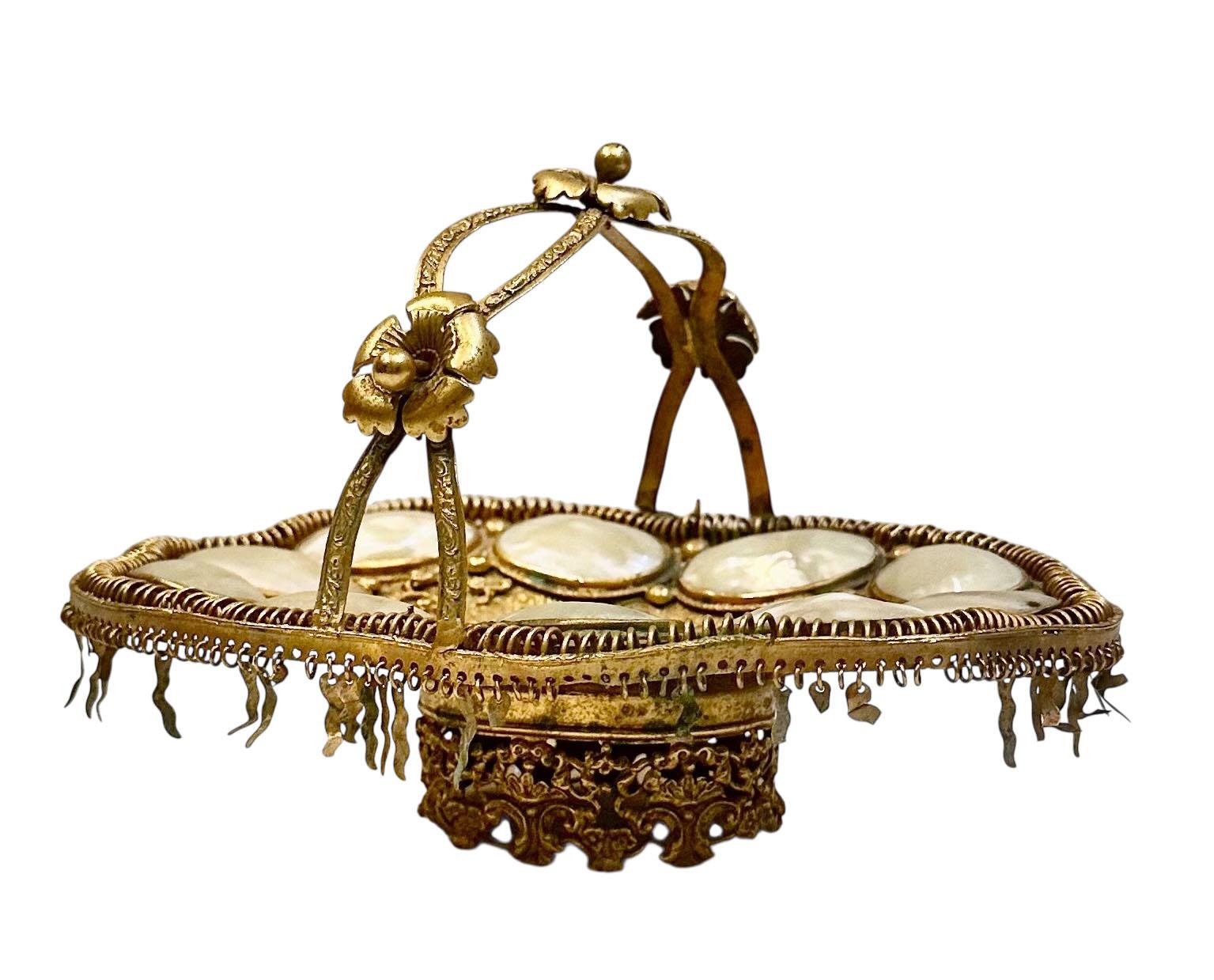 French Dore Bronze & Mother-of-Pearl Whimsical Basket For Sale 1