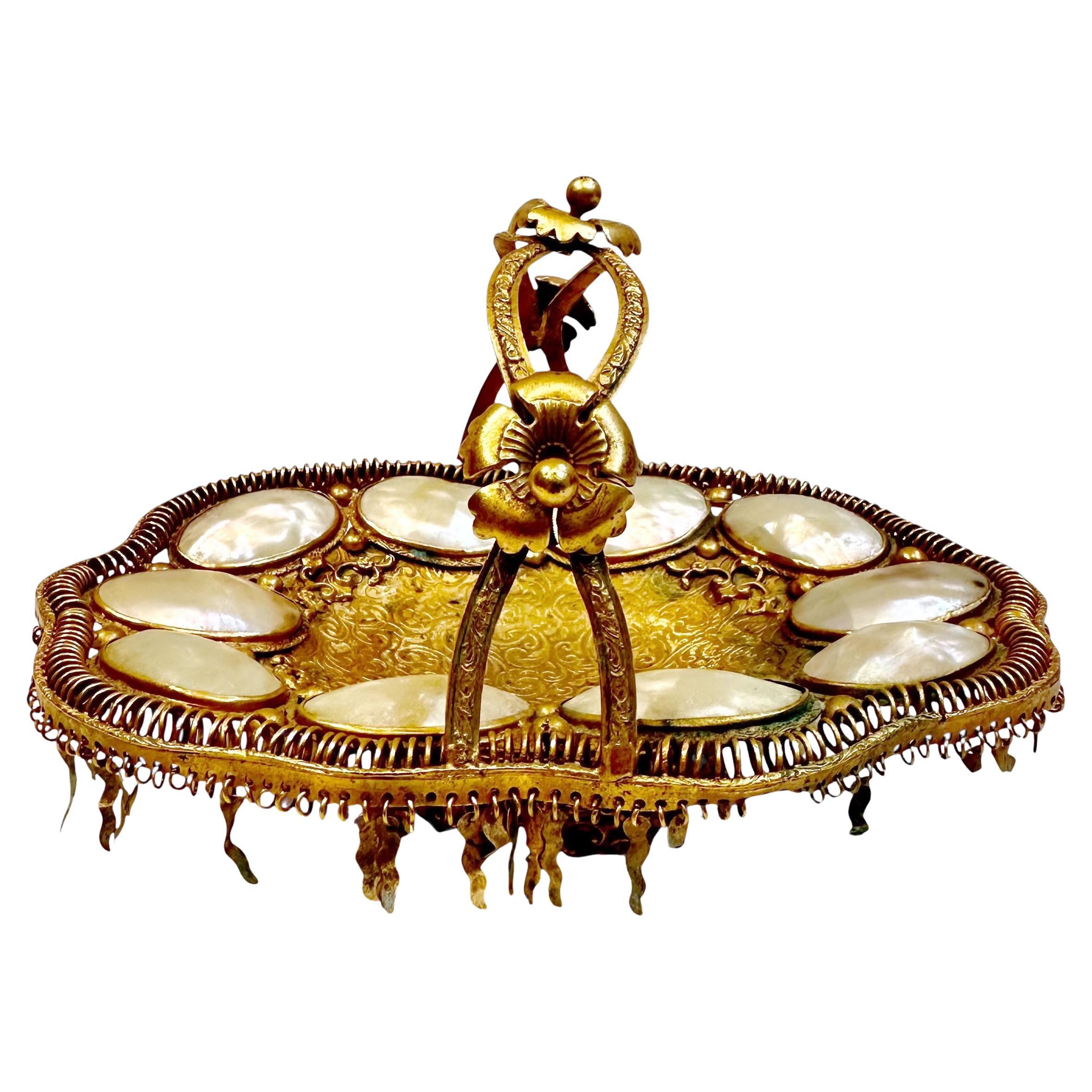 French Dore Bronze & Mother-of-Pearl Whimsical Basket For Sale