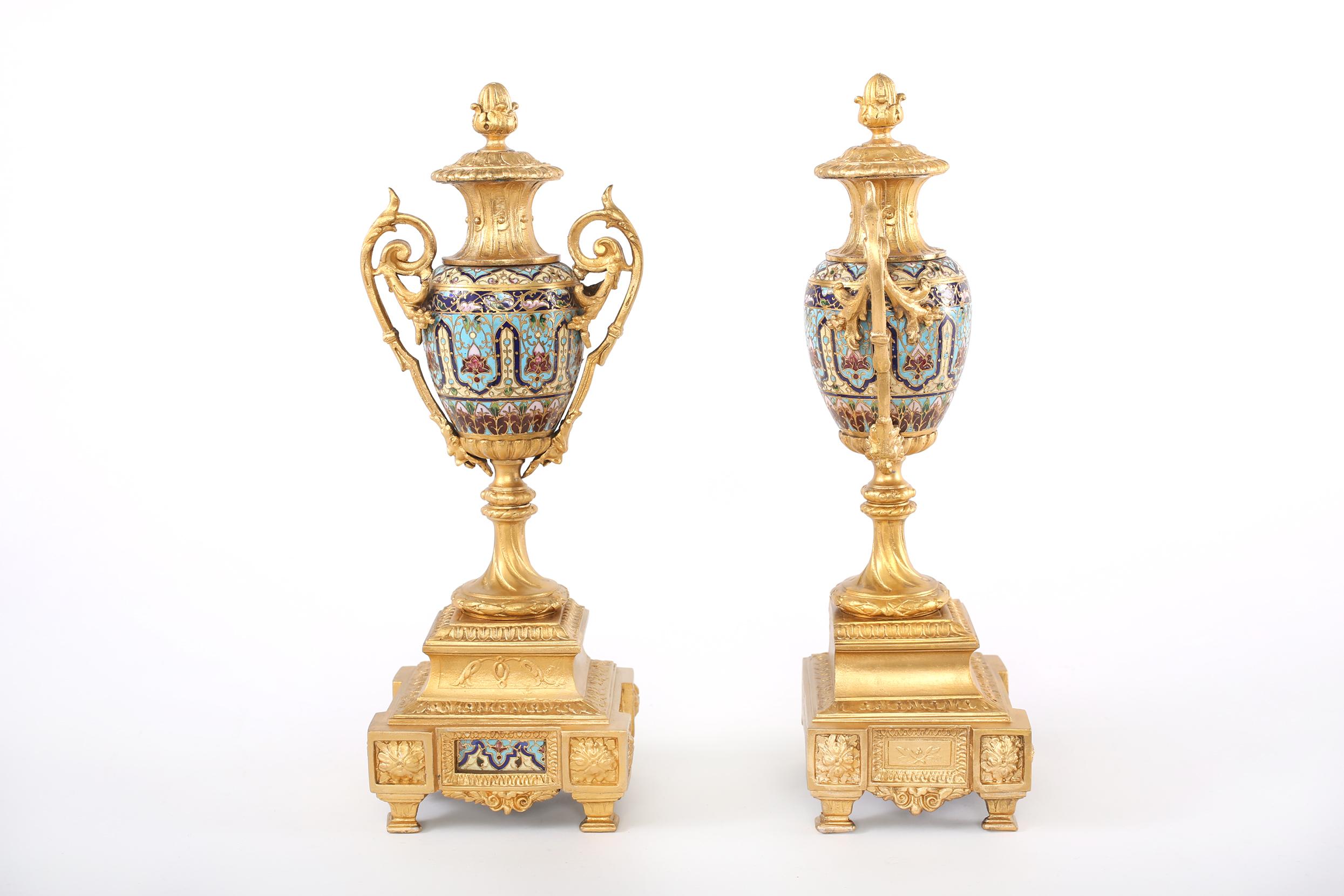 French Dore Bronze Mounted / Champleve  Garniture Set For Sale 5