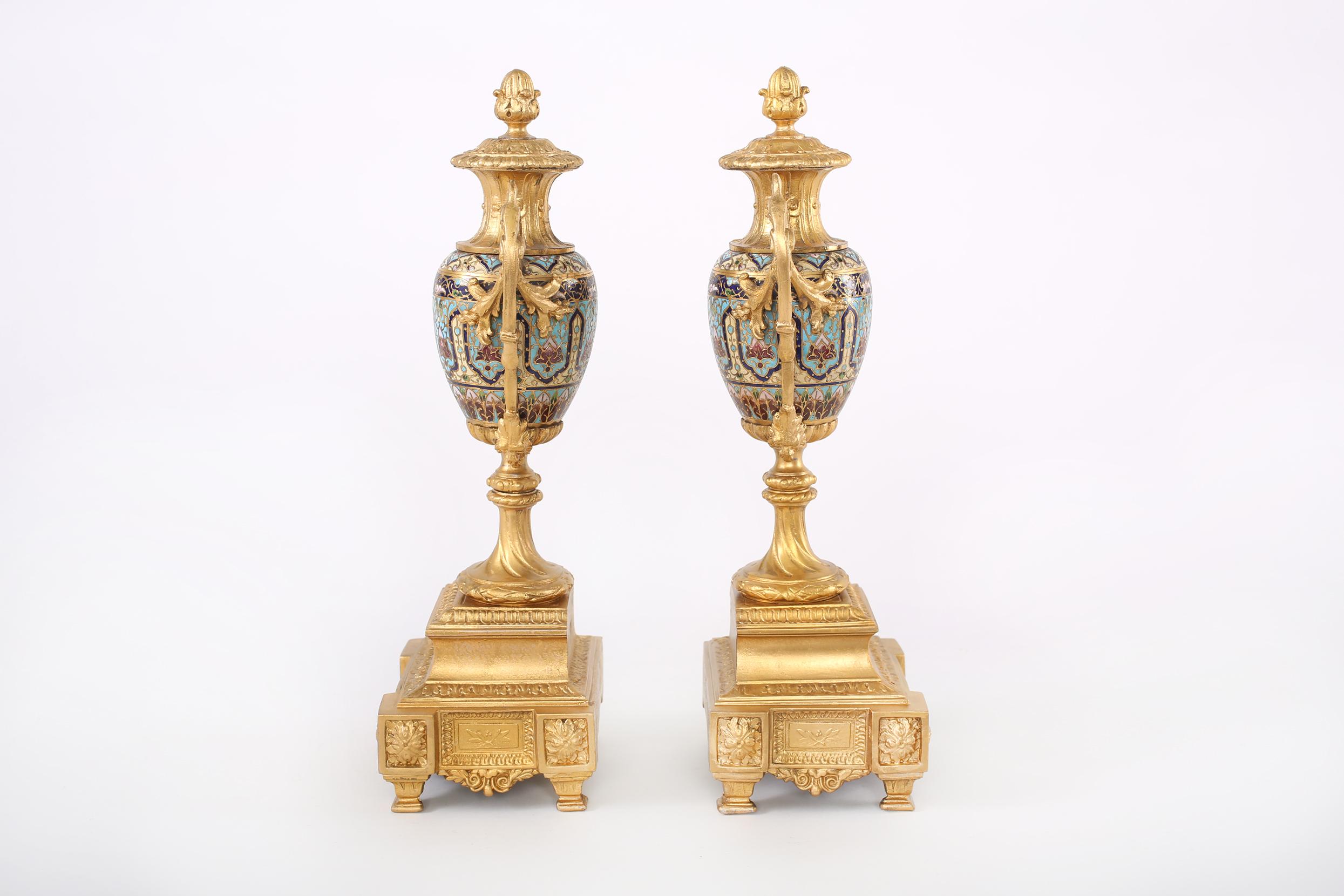 French Dore Bronze Mounted / Champleve  Garniture Set For Sale 6