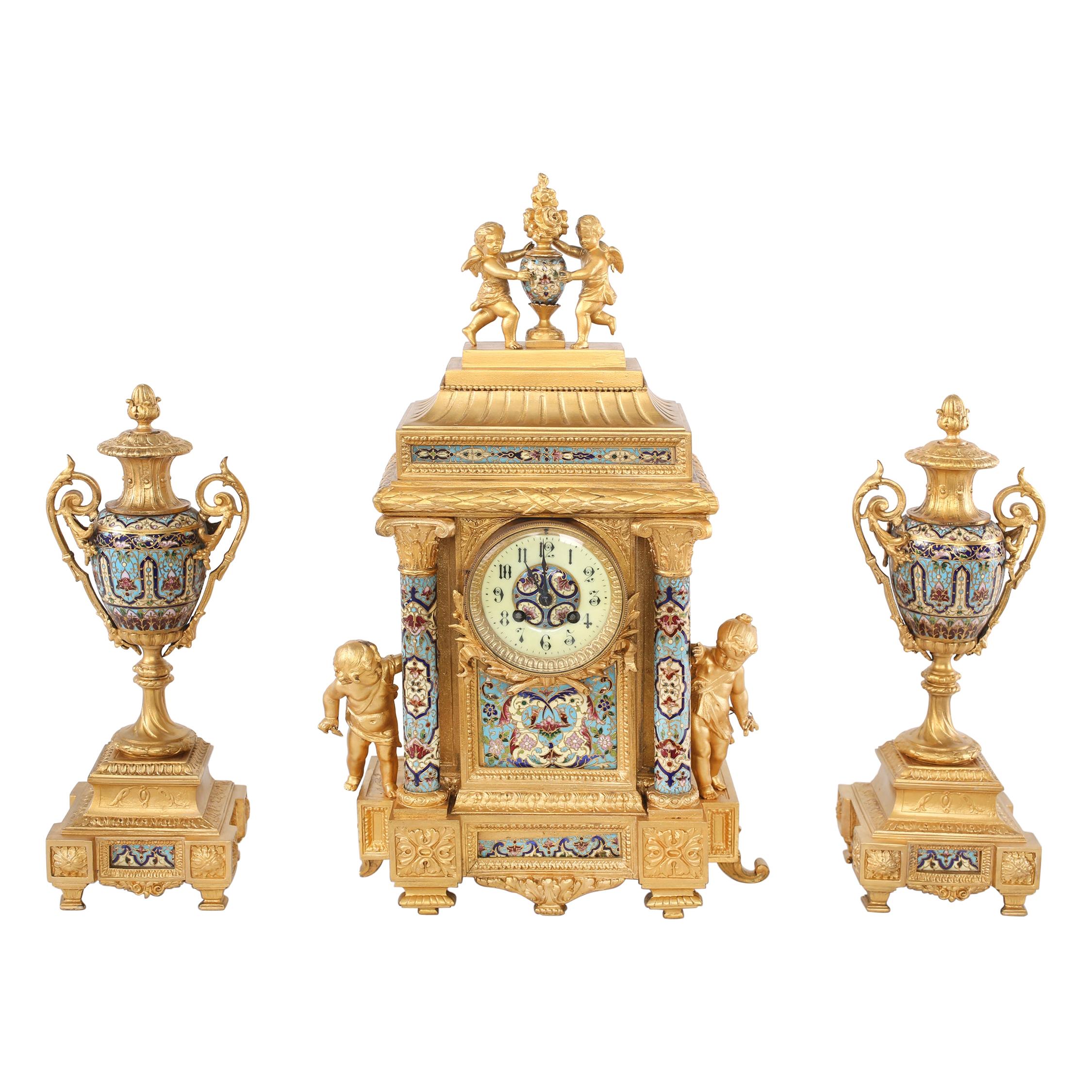 French Dore Bronze Mounted / Champleve  Garniture Set For Sale