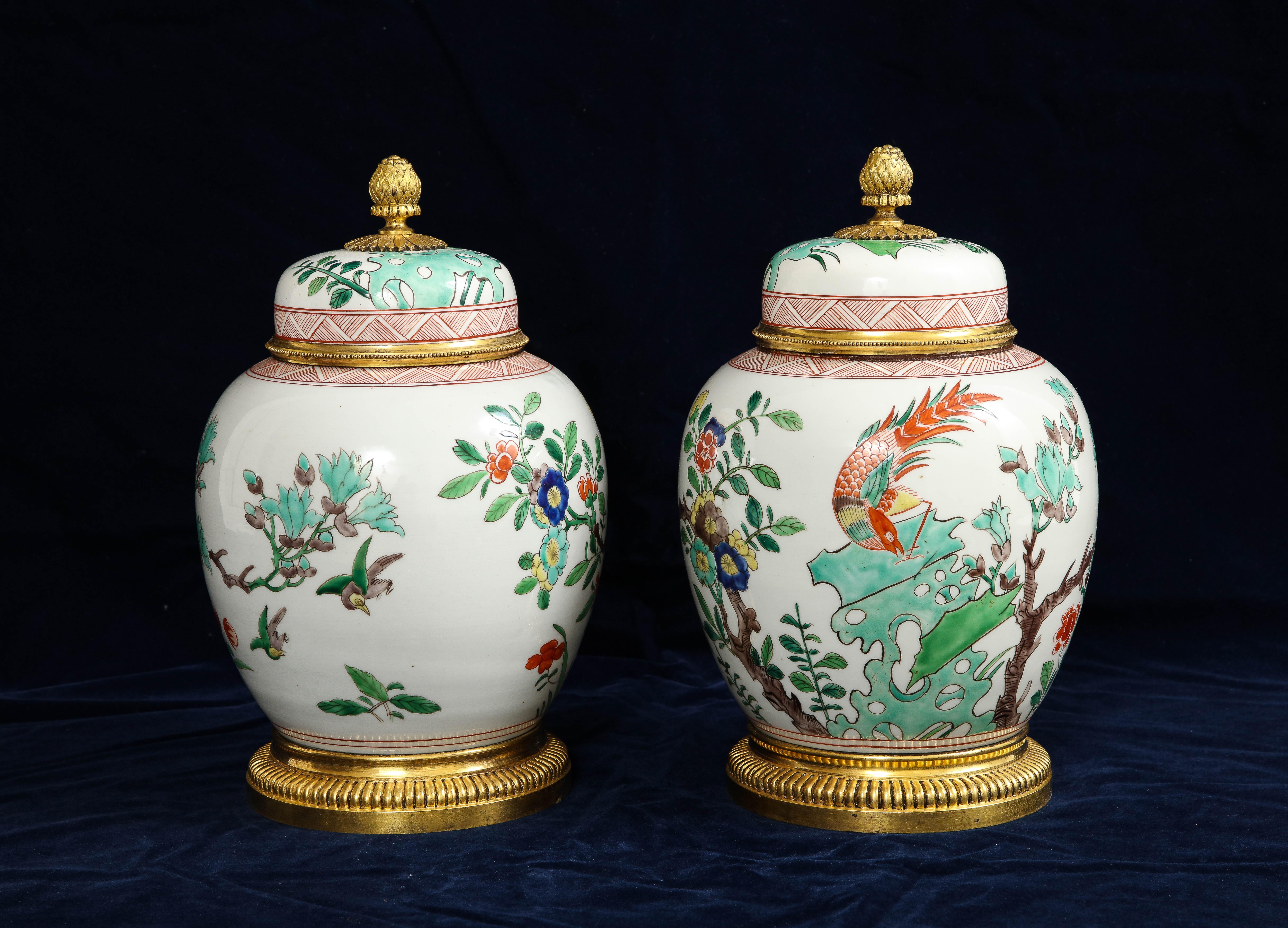 Louis XVI French Dore Bronze Mounted Chinese Famille Rose Porcelain Covered Vases For Sale