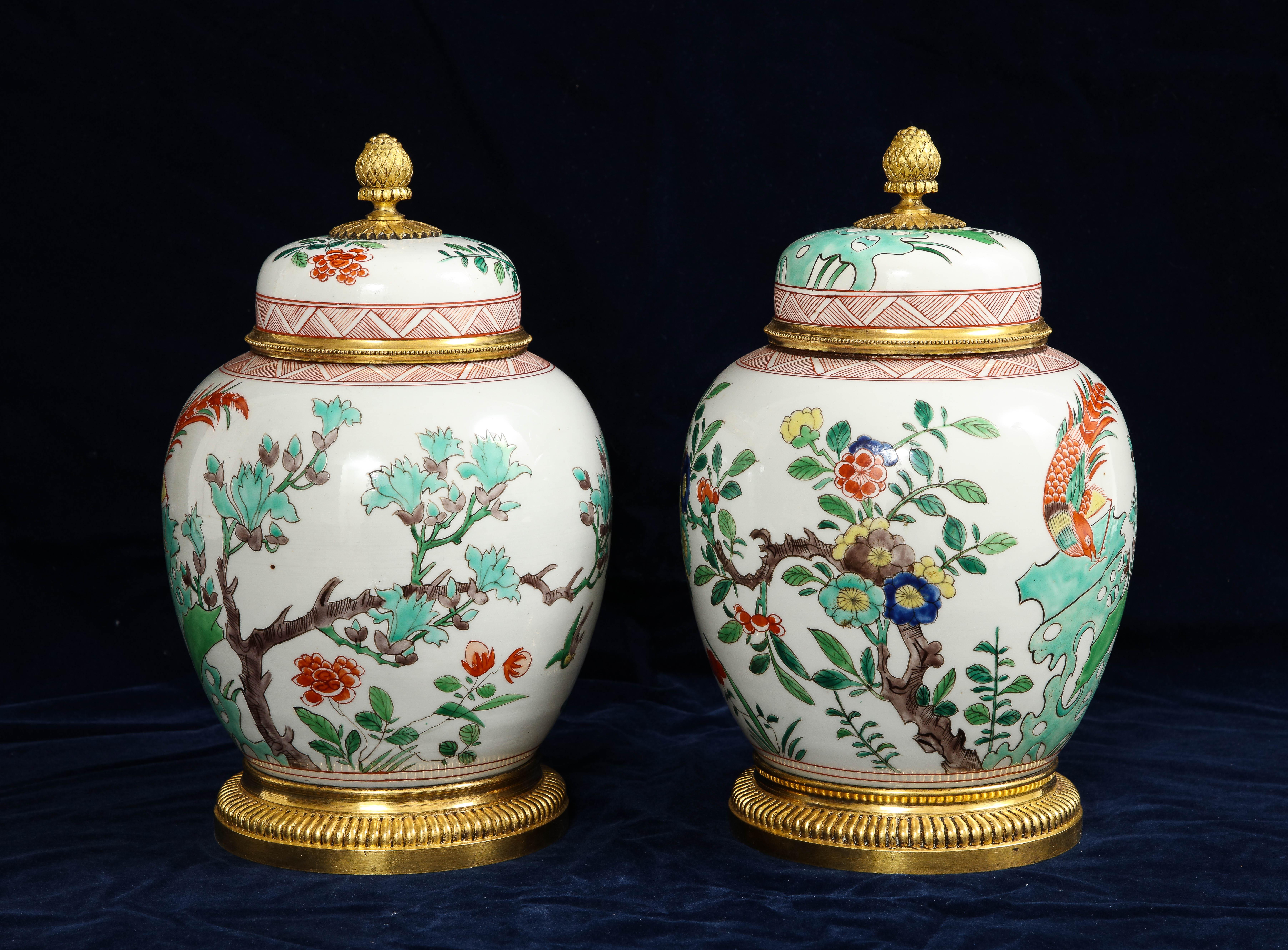 Hand-Painted French Dore Bronze Mounted Chinese Famille Rose Porcelain Covered Vases For Sale