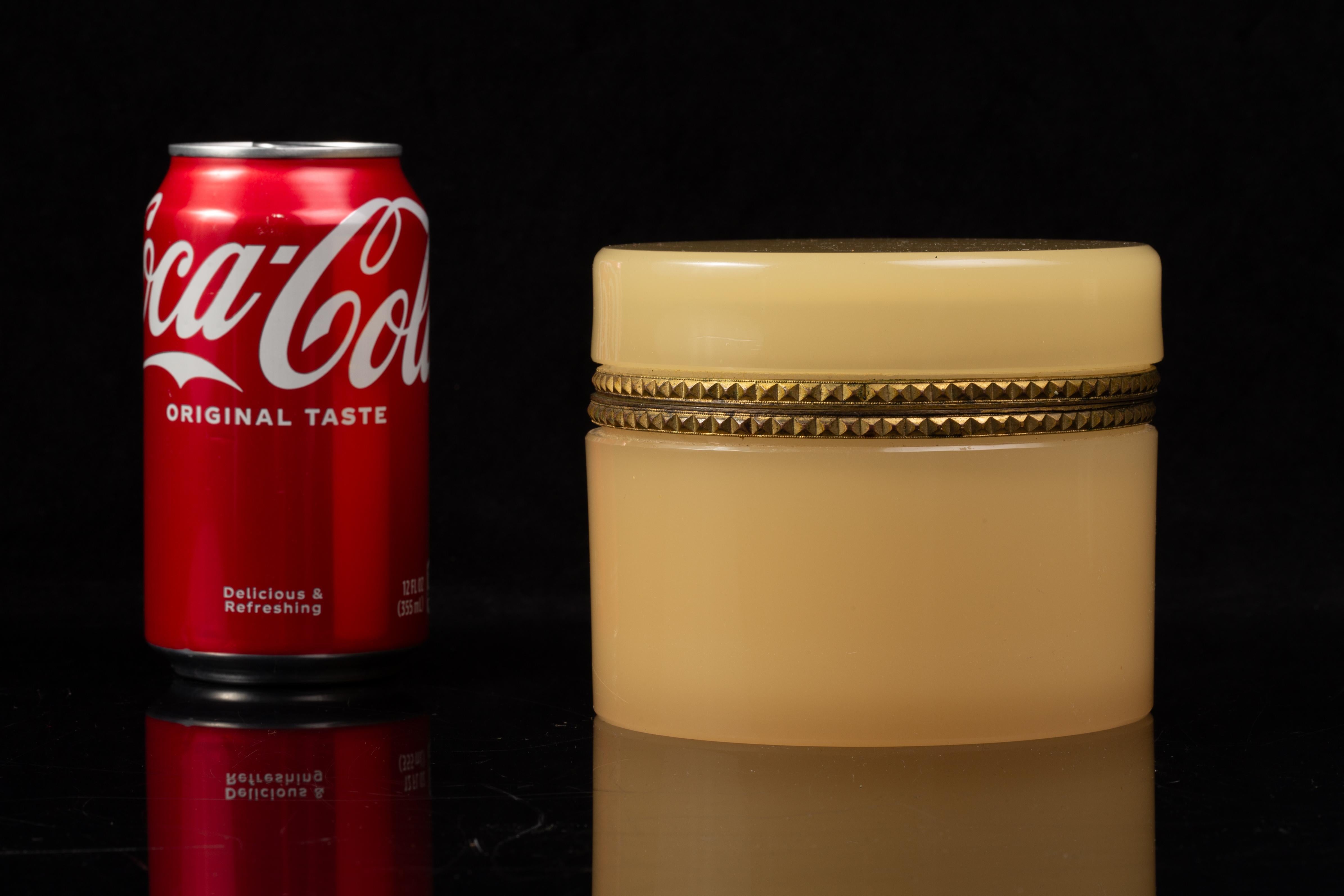 Louis XVI French Doré Bronze Mounted Peach Opaline Crystal Round Covered Box For Sale