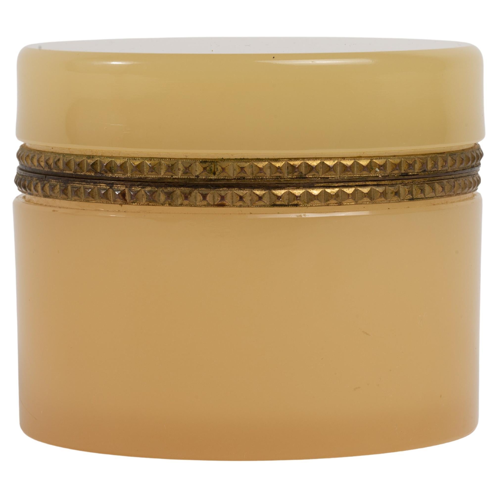 French Doré Bronze Mounted Peach Opaline Crystal Round Covered Box For Sale