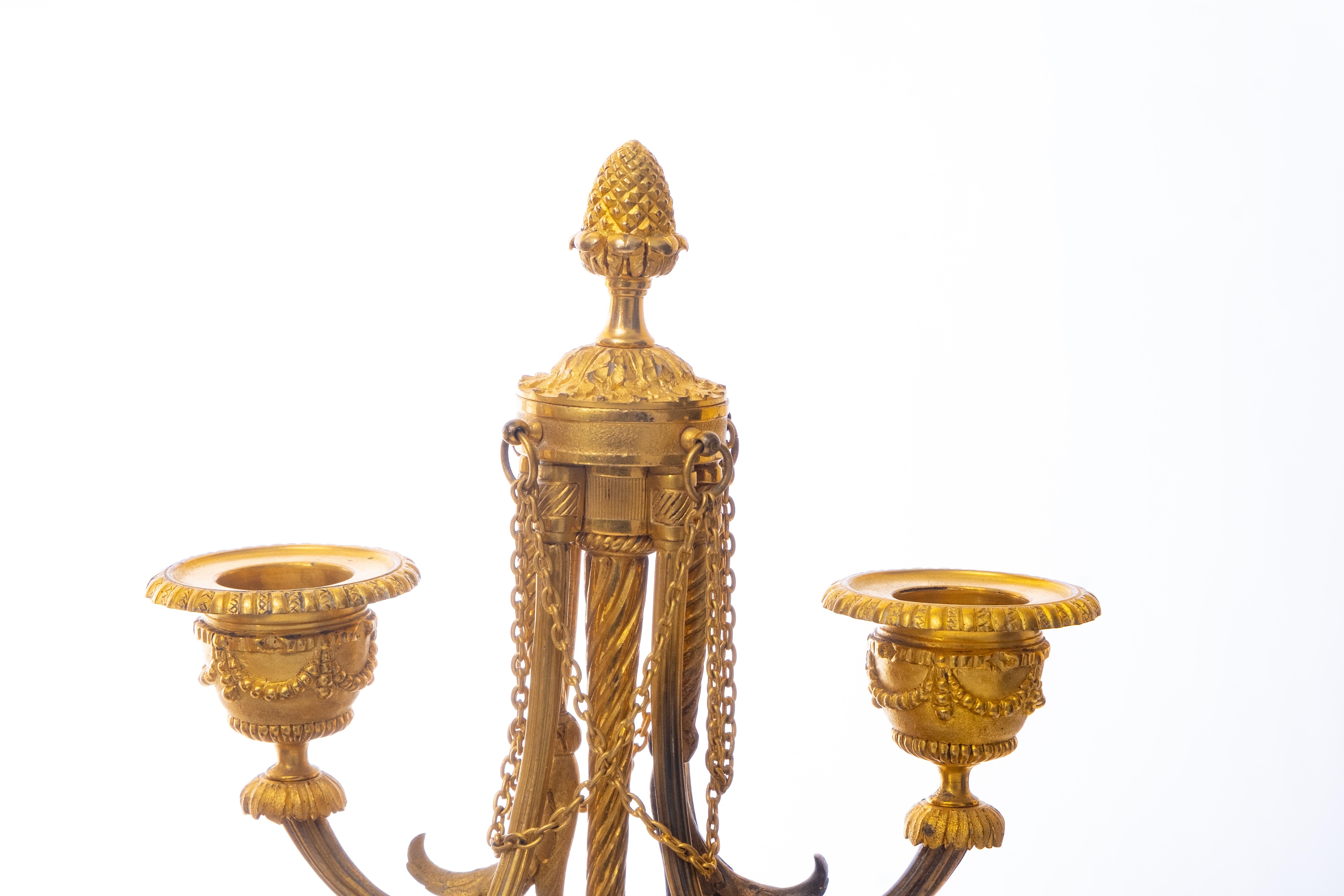 Un antico set di orologi e candelieri in bronzo dorato del XIX secolo.

L'orologio con piedi è caratterizzato da pannelli di vetro ai lati e sul retro, da una ghirlanda foliata in ormolu e da un motivo a corona di fiori, sormontato da troche