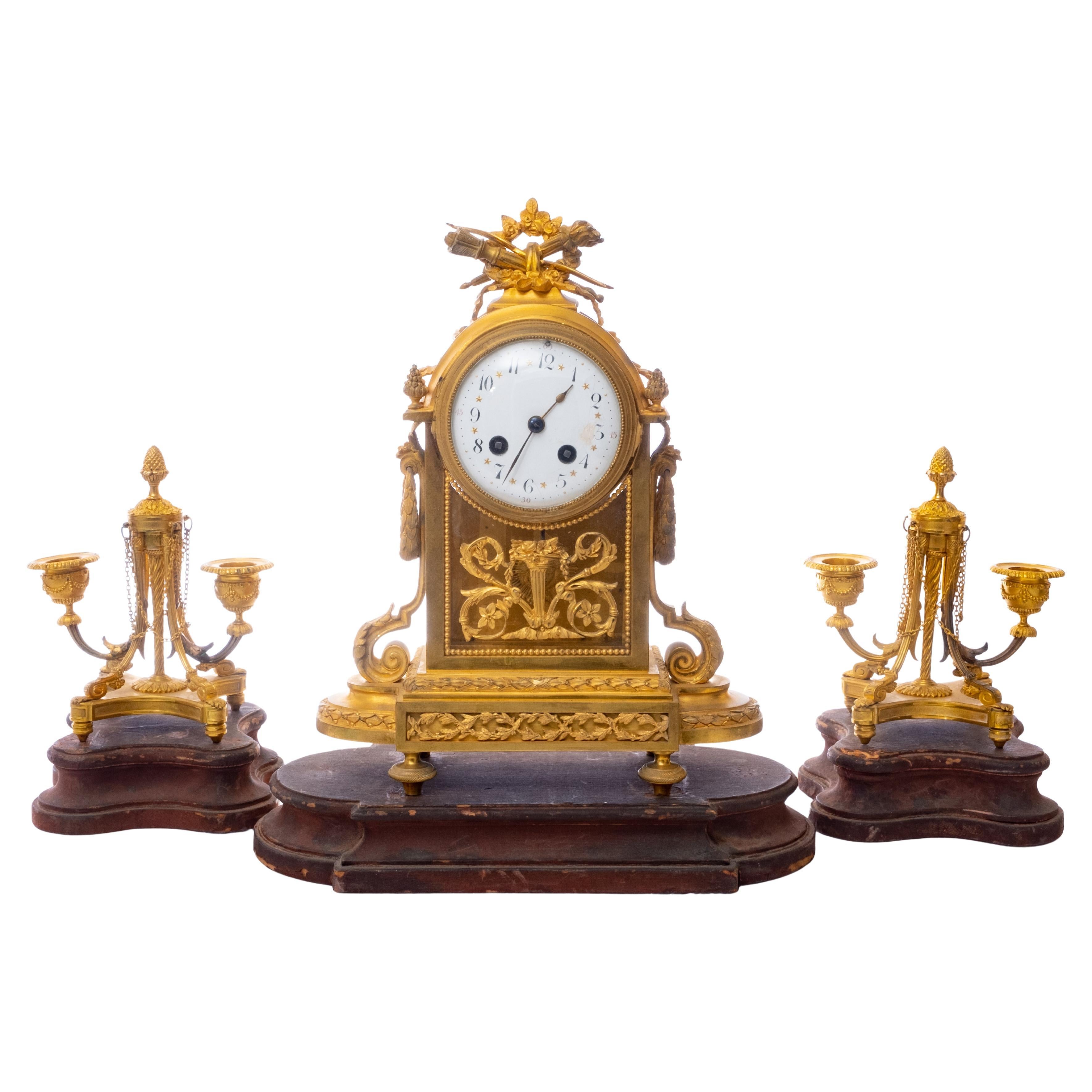 French Dore Gilt Bronze Garniture Clock Set