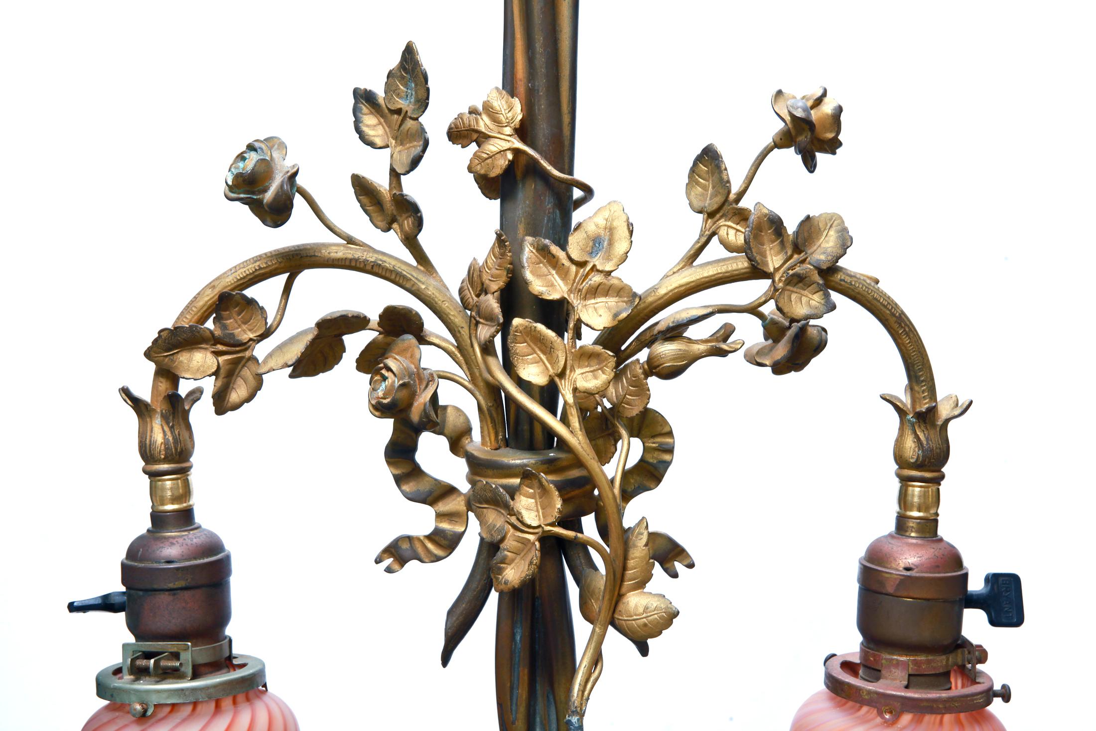 French Dore Pendant w Gilt Leaves & Optional Rose Glass Shades In Good Condition In Malibu, CA
