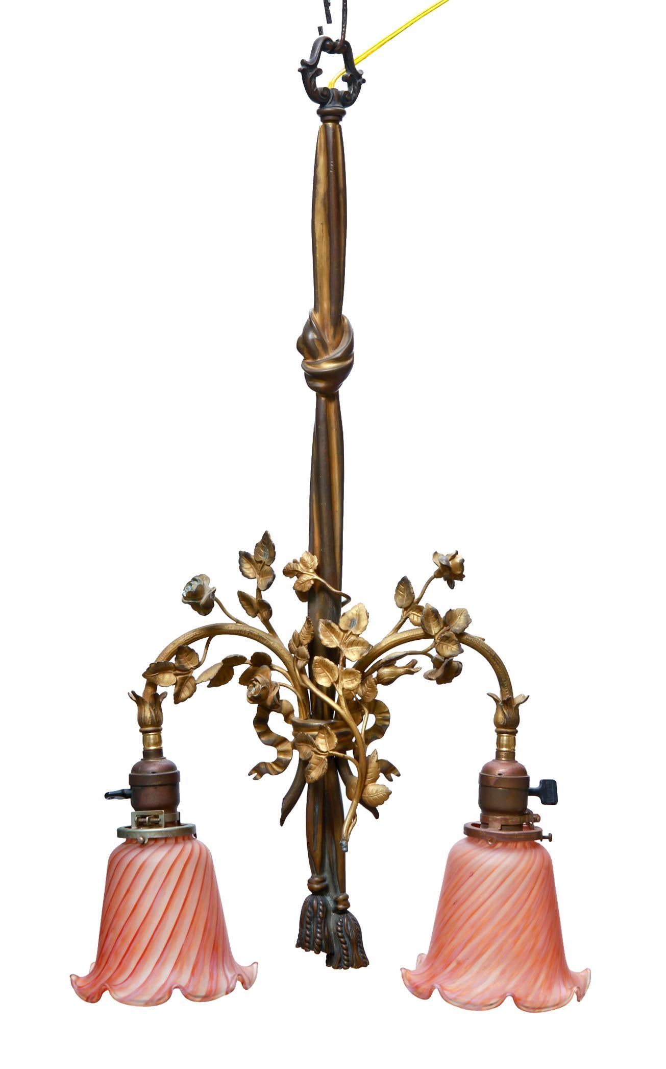 19th Century French Dore Pendant w Gilt Leaves & Optional Rose Glass Shades