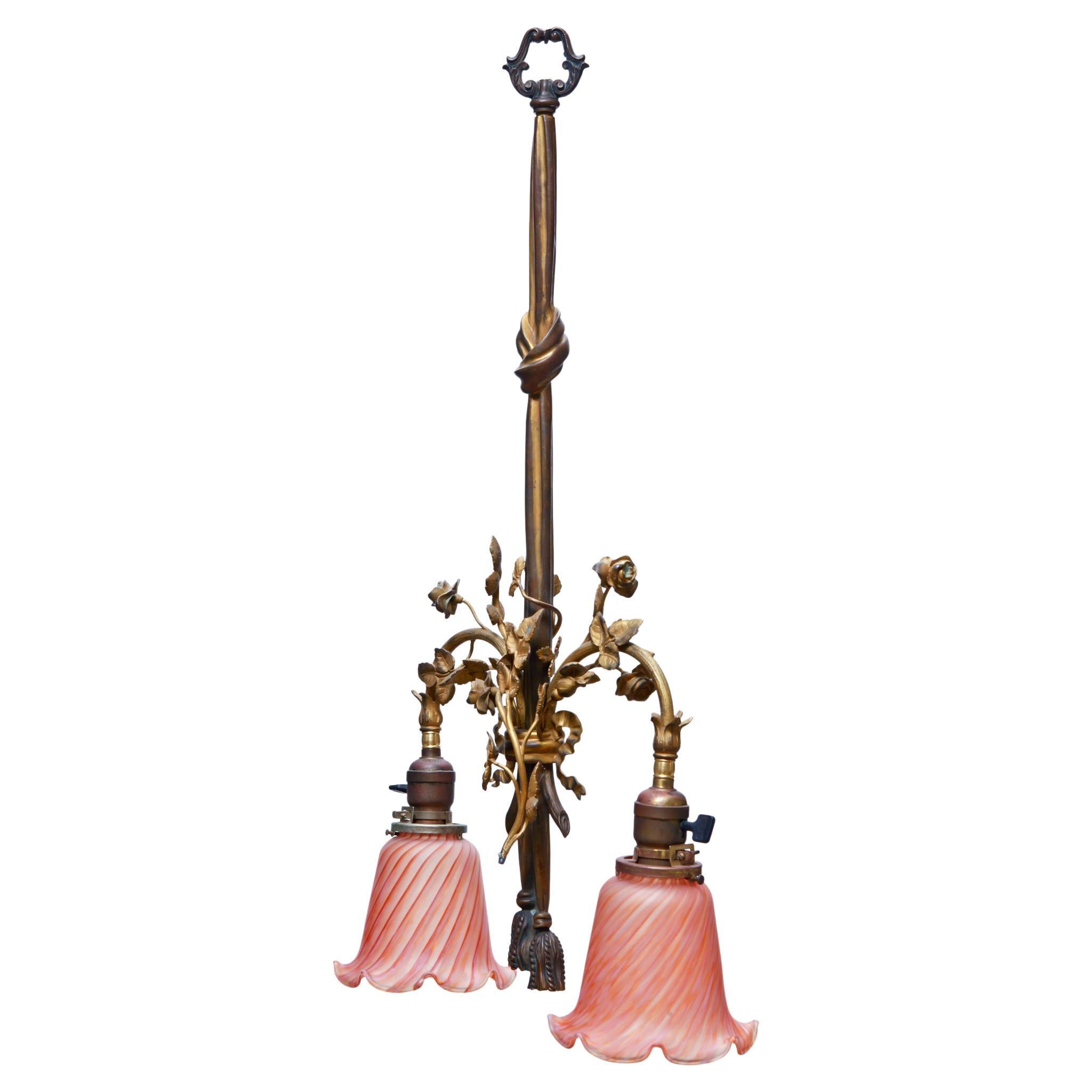Brass French Dore Pendant w Gilt Leaves & Optional Rose Glass Shades