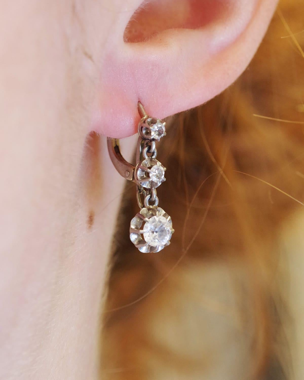 Old Mine Cut French dormeuses diamond earrings 0.72 ct in 18k gold For Sale
