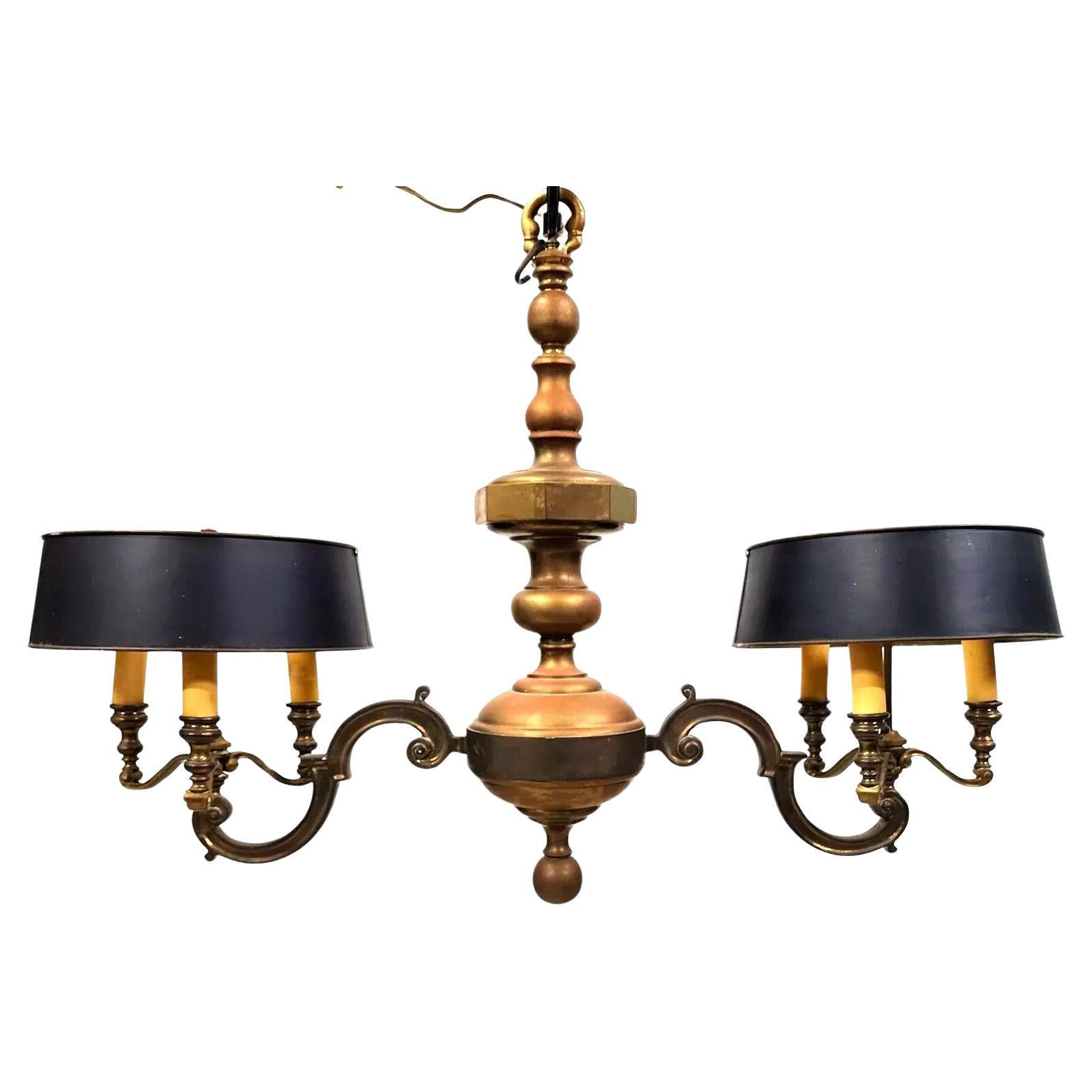 French Double Bouillotte Brass Chandelier 1940s