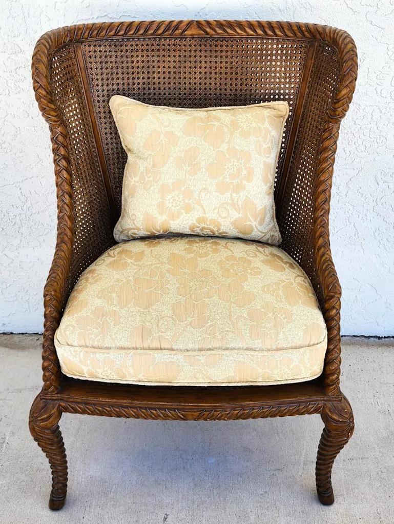 For FULL item description click on READ MORE below. 

Offering One Of Our Recent Palm Beach Estate Fine Furniture Acquisitions Of A
French Provincial Carved Solid Wood Double Cane Wingback Chair
Damask fabric is Satin Cotton so it looks different