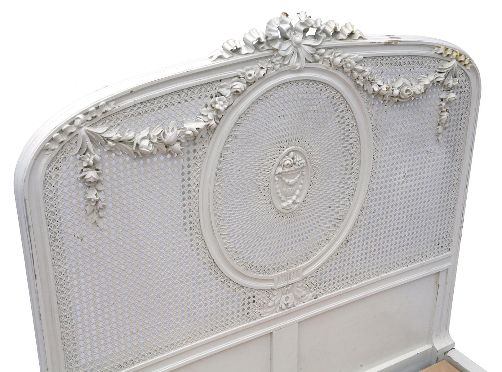 French Double Caned & Carved White Twin Bed with Rose Swags For Sale 3