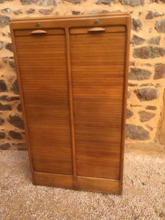 French Double Curtains Oak Document Cabinet, 1950s