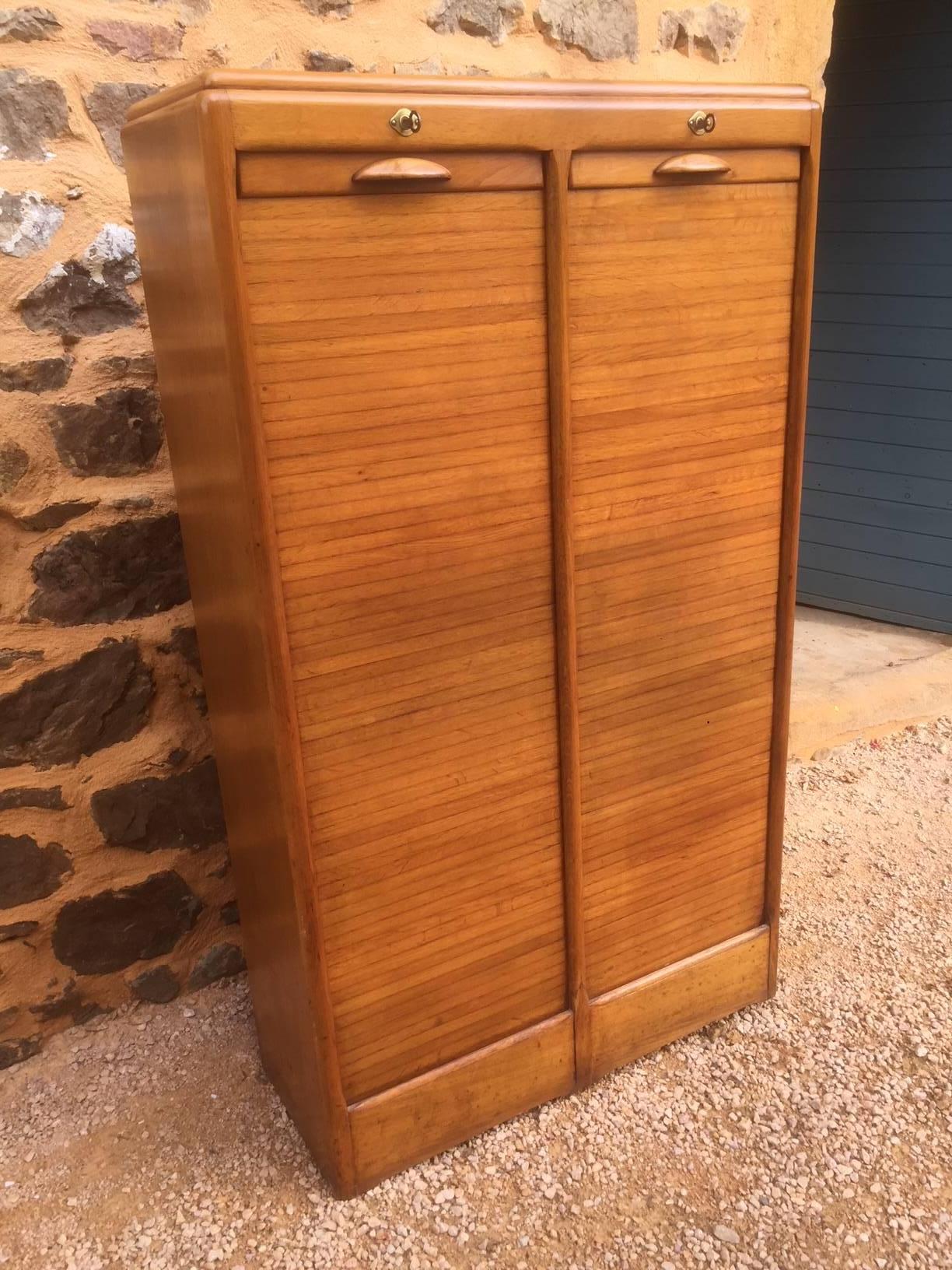 Mid-20th Century French Double Curtains Oak Document Cabinet, 1950s