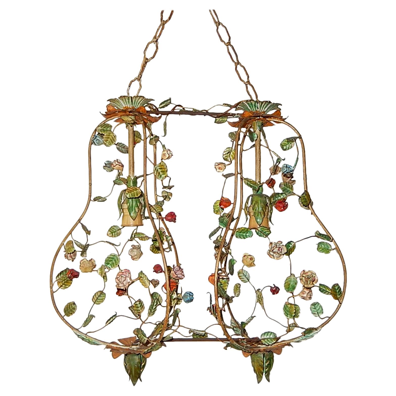 French Double Floral Tole Roses Chandelier, circa 1920