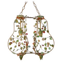 French Double Floral Tole Roses Chandelier, circa 1920