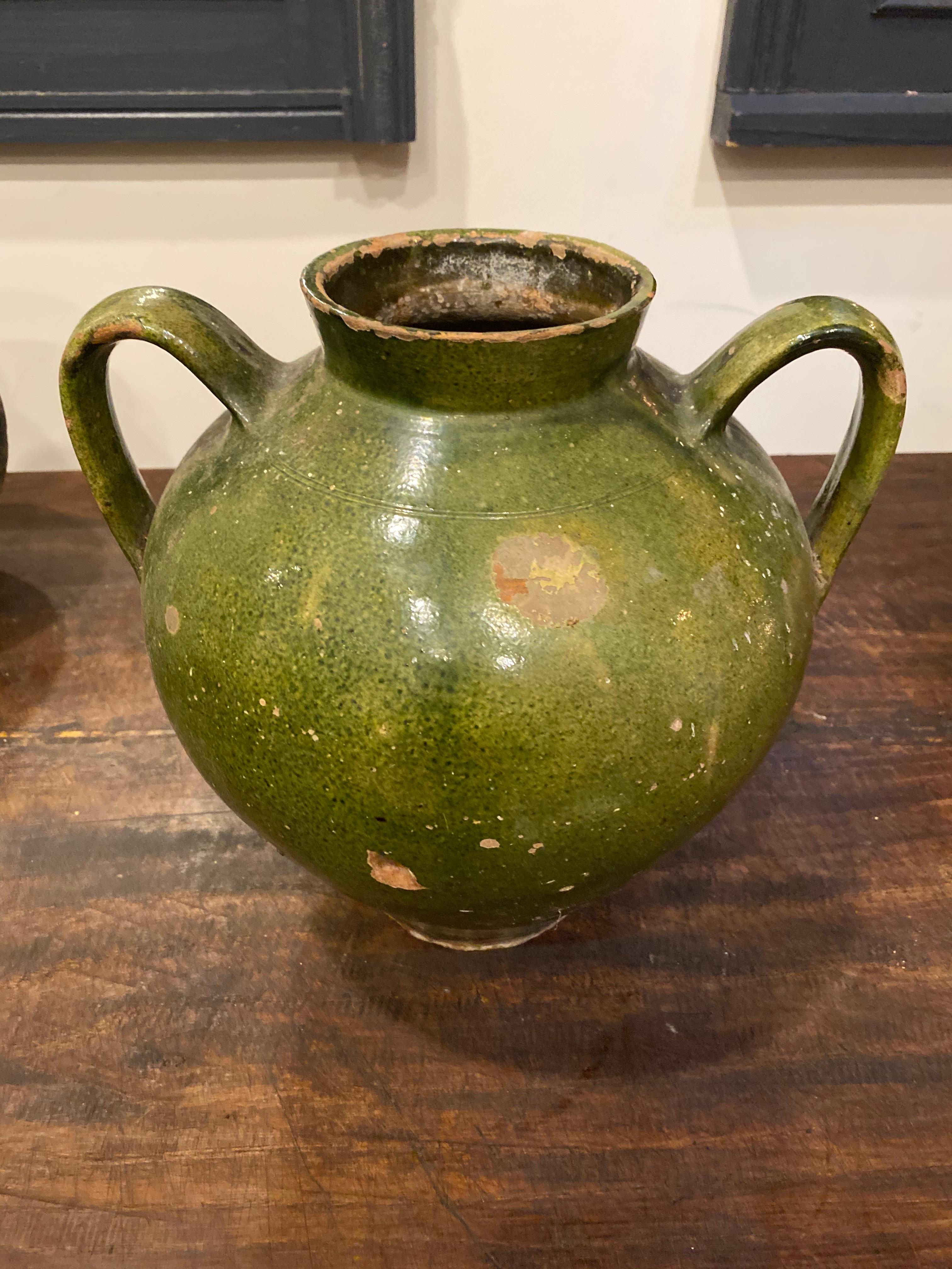Handmade, vintage French stoneware pot that has been glazed in a rich forest green. Primarily used in food preparation as a confit pot before refrigeration.