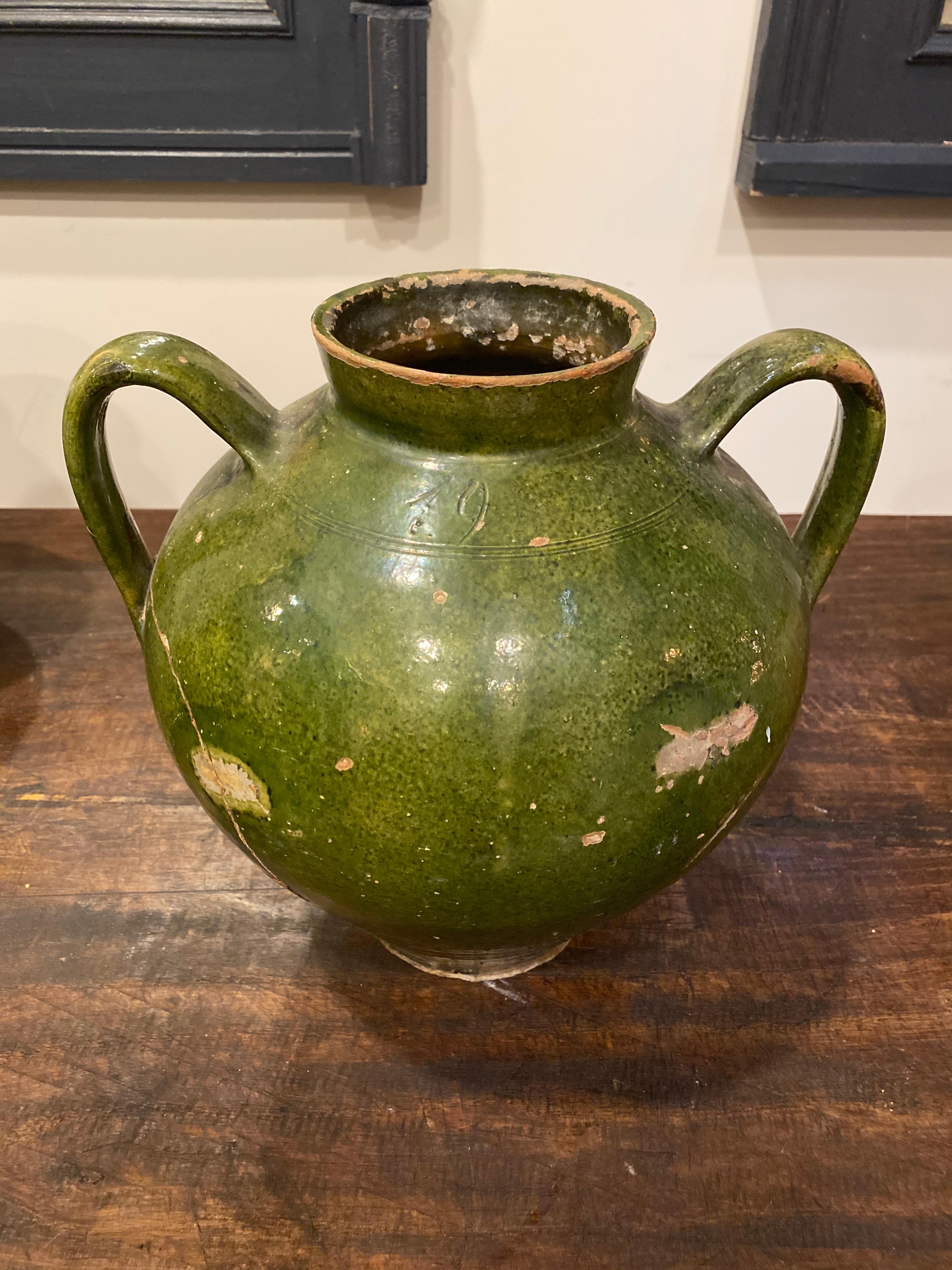 Glazed French Double Handle Green Pot