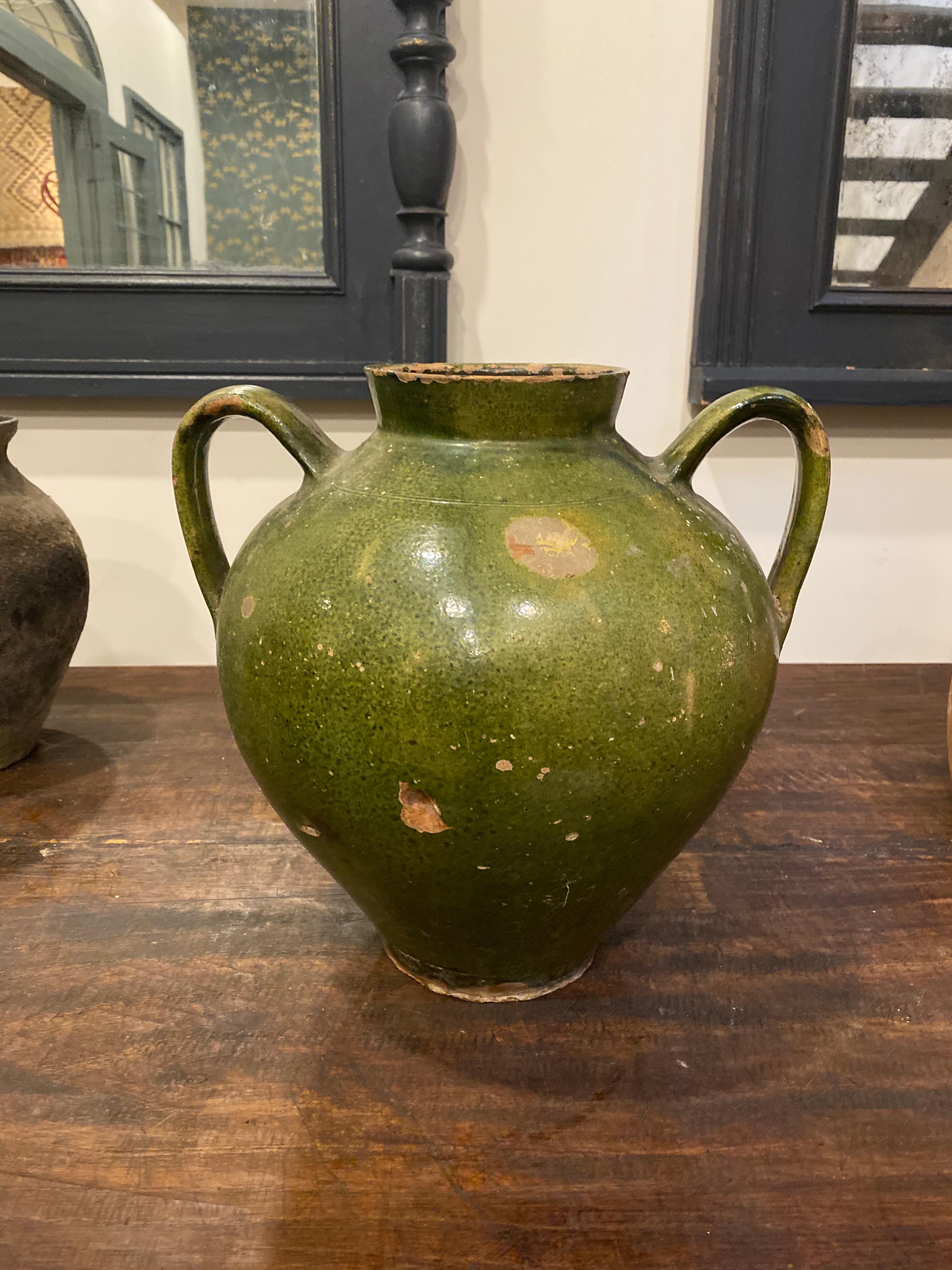 French Double Handle Green Pot In Good Condition In Los Angeles, CA