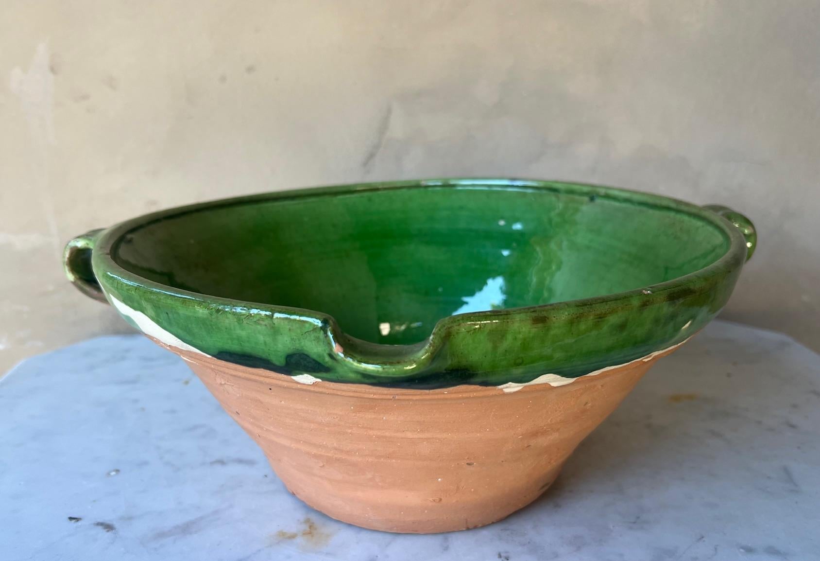 20th Century French Double Handled & Spouted Confit / Tian Bowl, Green, France