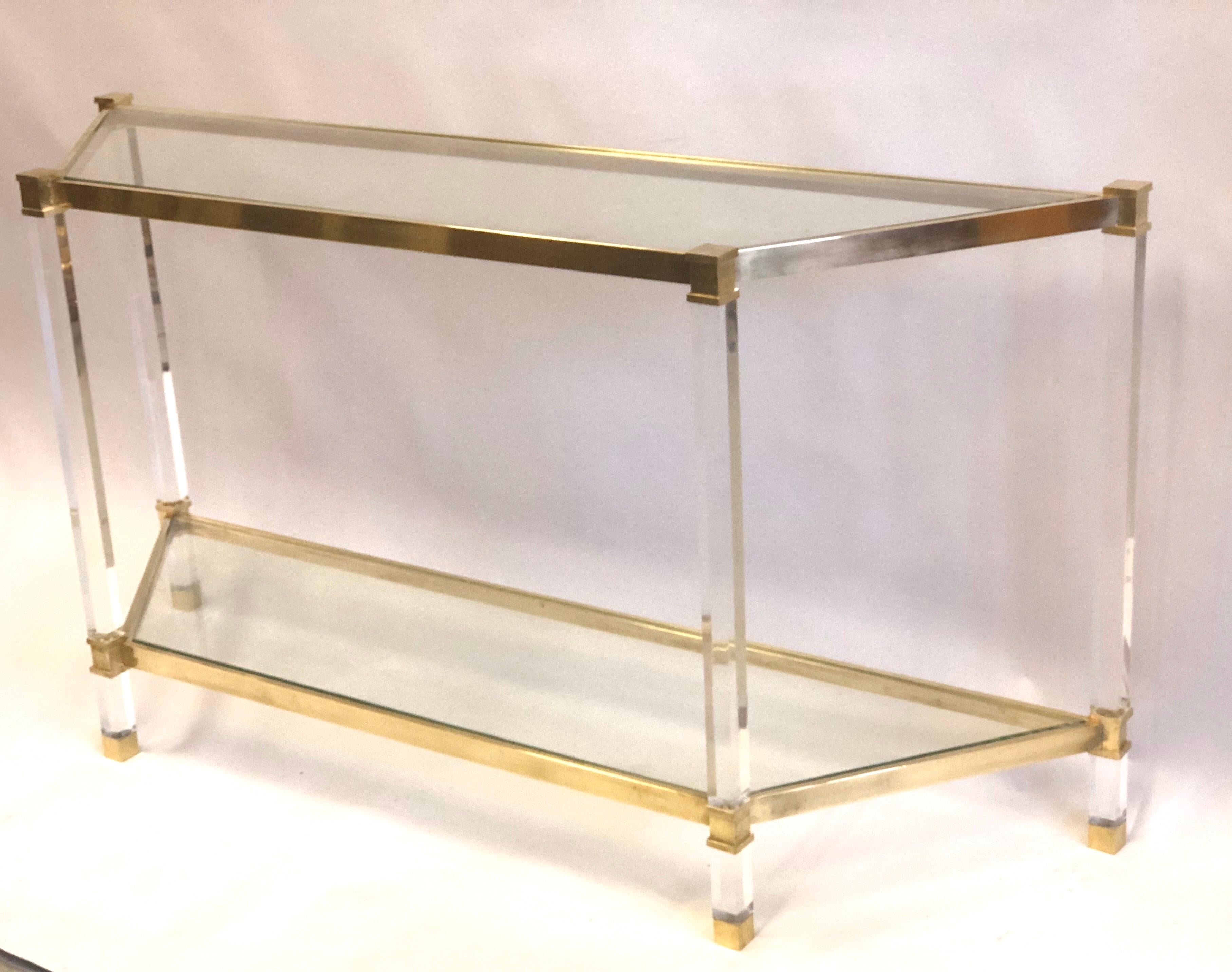 Mid-Century Modern French Double Level Lucite, Brass and Glass Trapezoid Form Console / Sofa Table For Sale