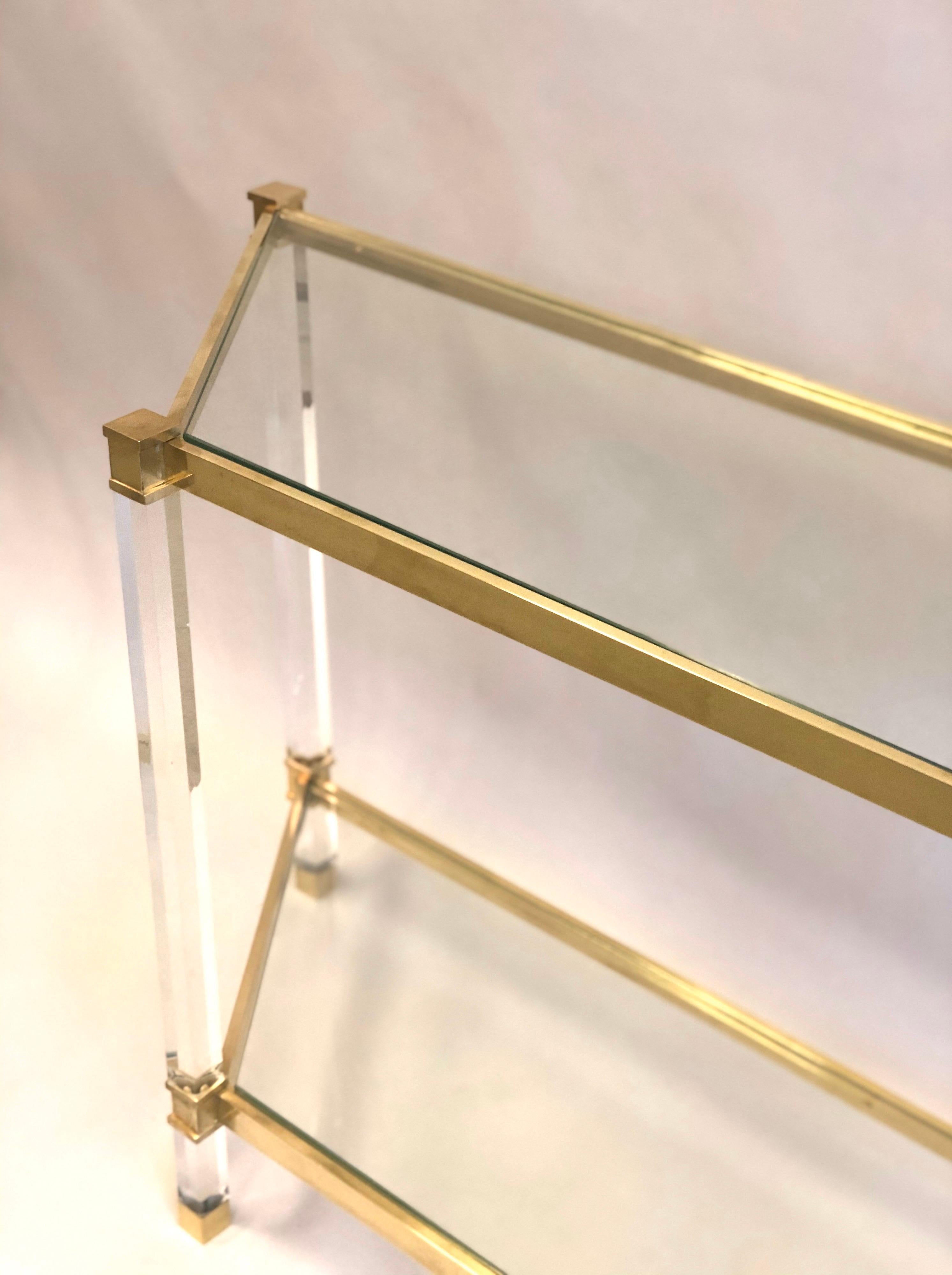20th Century French Double Level Lucite, Brass and Glass Trapezoid Form Console / Sofa Table For Sale