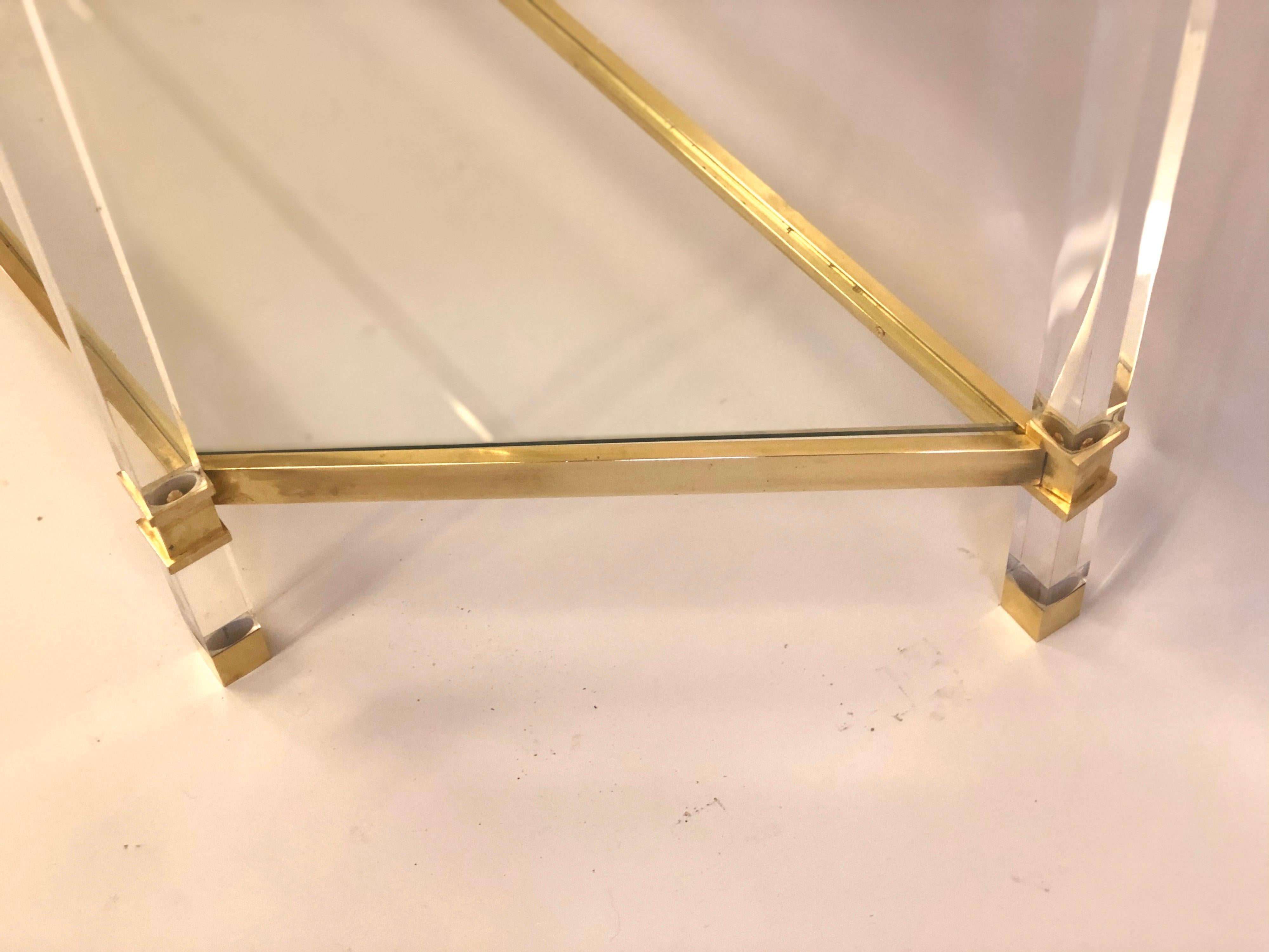 French Double Level Lucite, Brass and Glass Trapezoid Form Console / Sofa Table For Sale 1