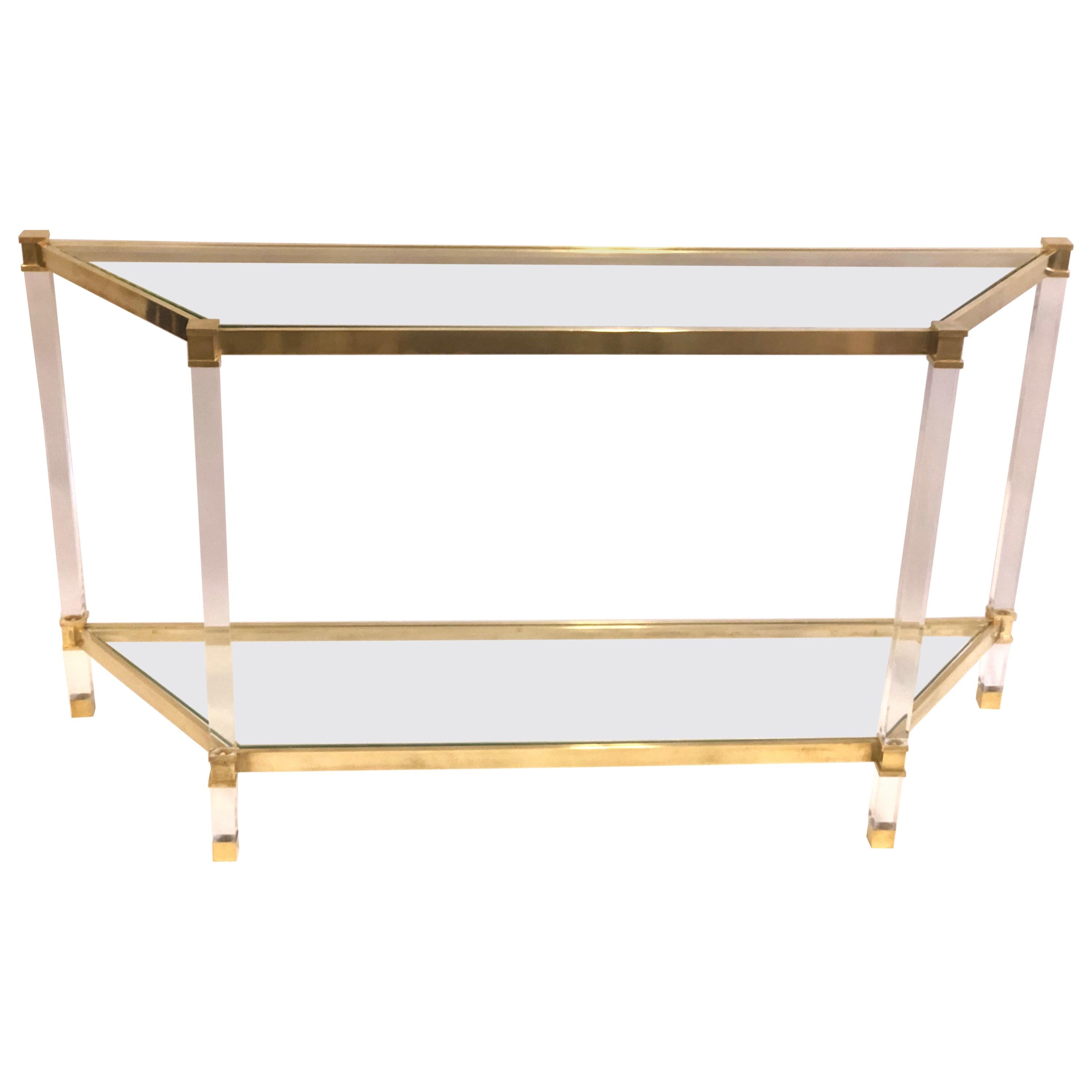 French Double Level Lucite, Brass and Glass Trapezoid Form Console / Sofa Table