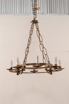 French Double-Ringed Gold Iron Chandelier, Mid-20th Century