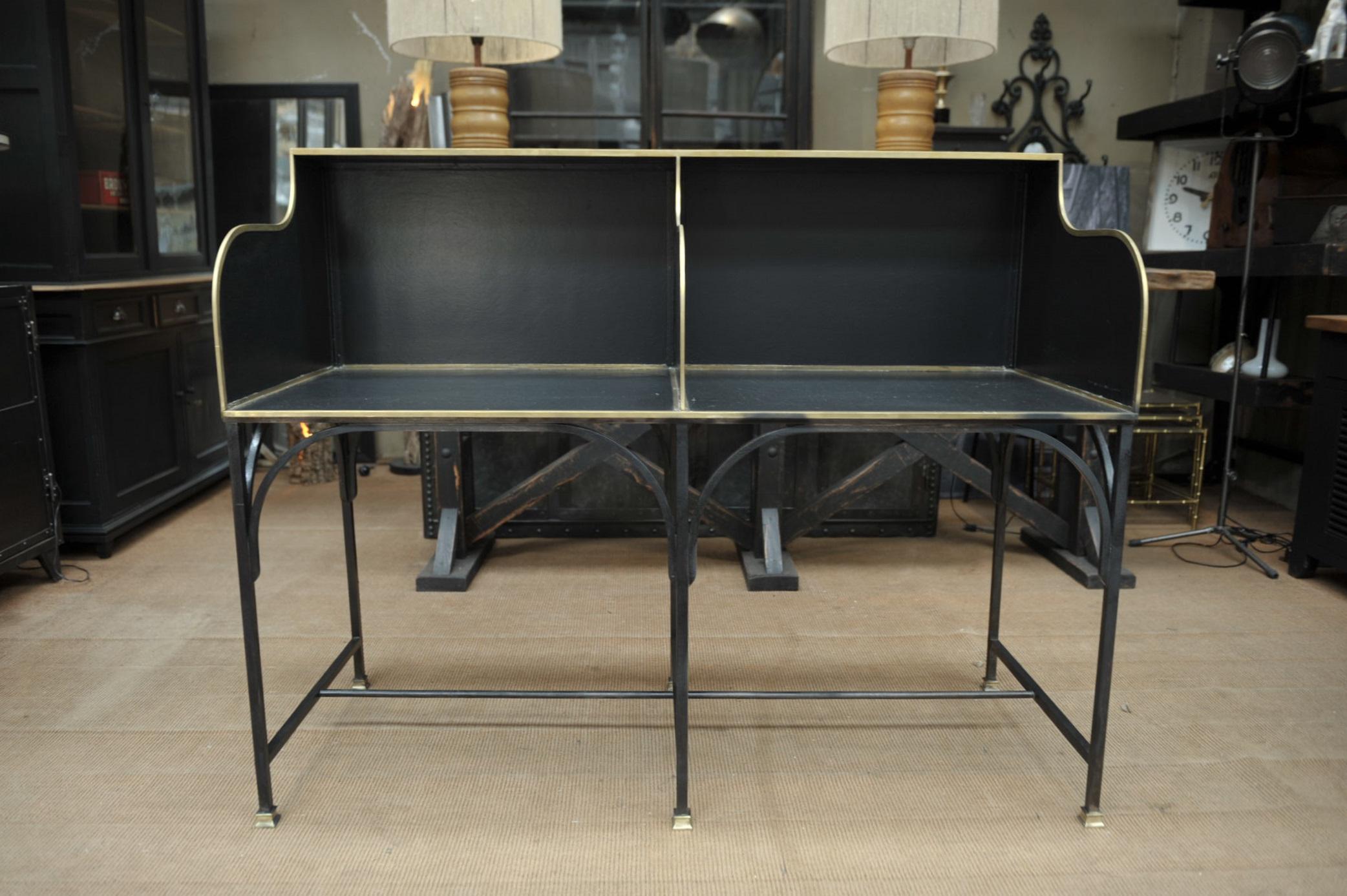 European French Double Seat Metal and Brass Bank Desk Counter, Circa 1910 For Sale