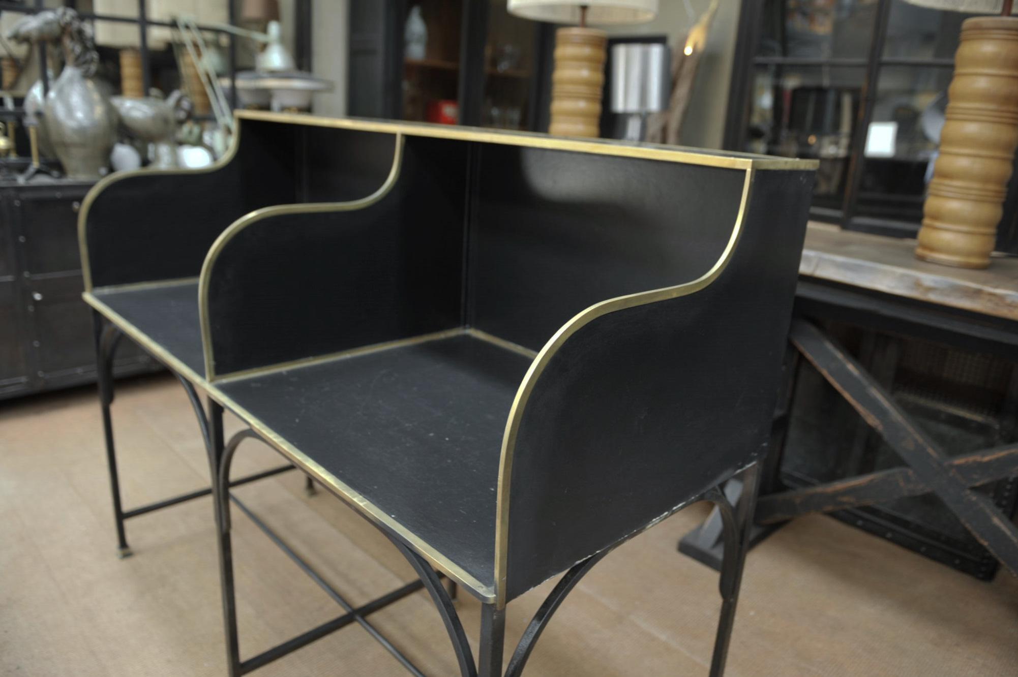 Early 20th Century French Double Seat Metal and Brass Bank Desk Counter, Circa 1910 For Sale