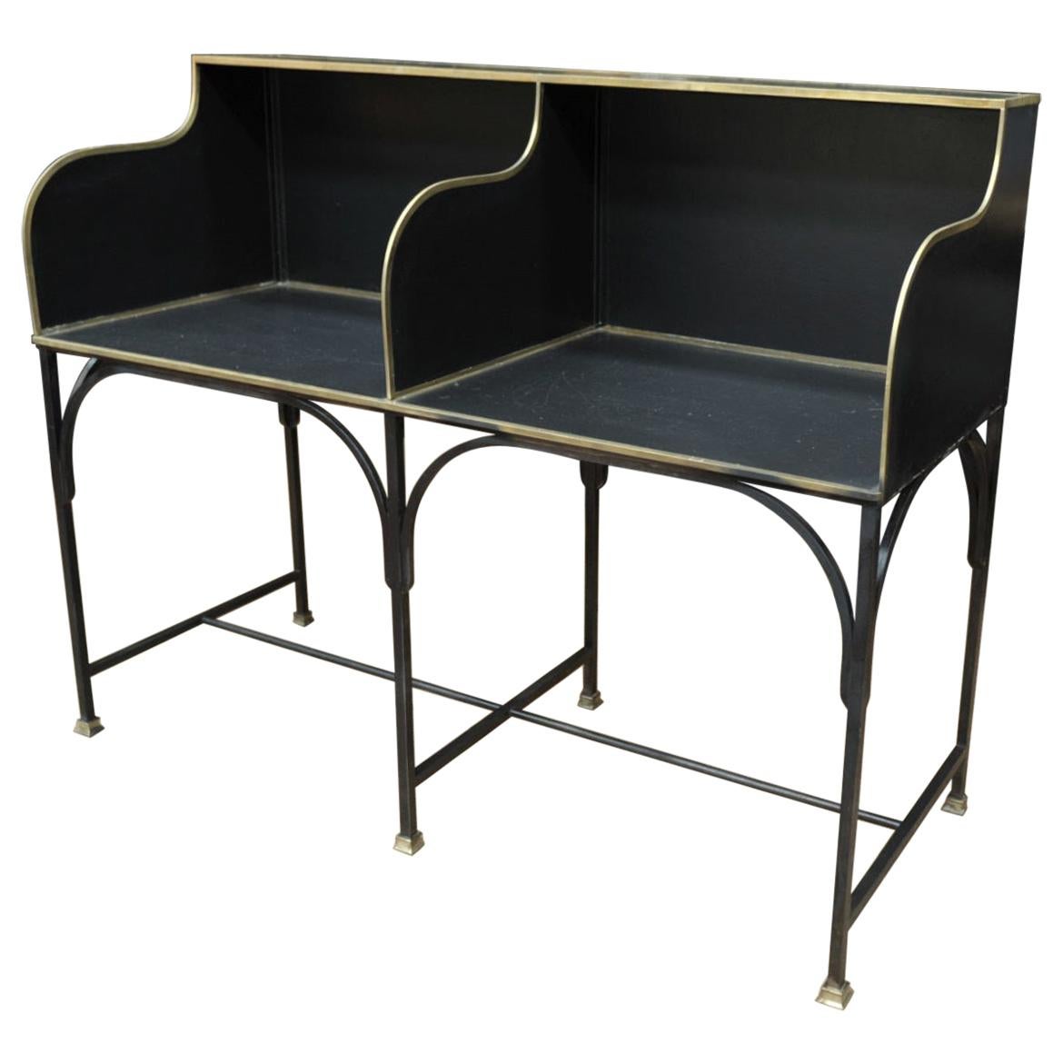 French Double Seat Metal and Brass Bank Desk Counter, Circa 1910 For Sale