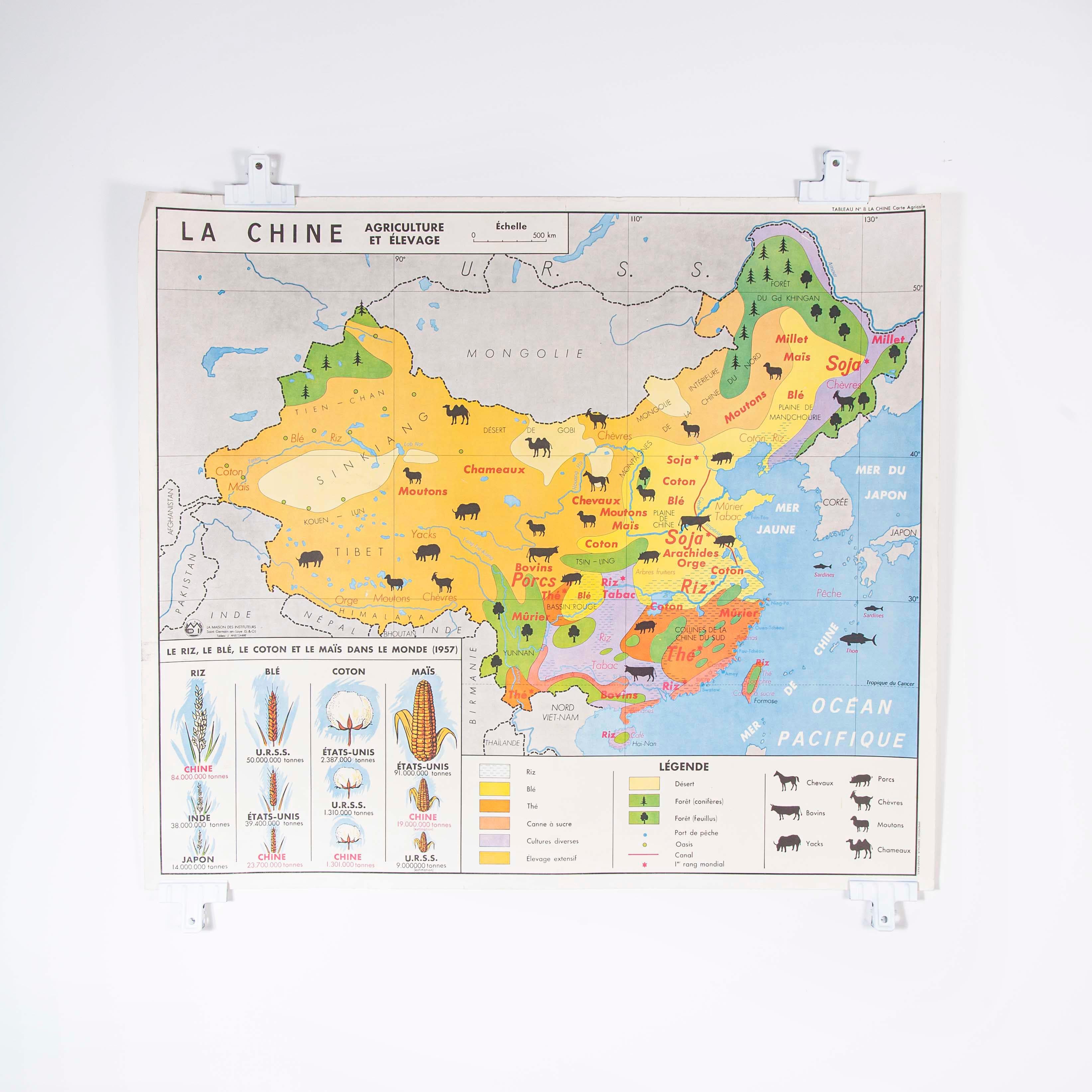 French Double Sided Educational School Poster of the Agriculture of China and US For Sale 10