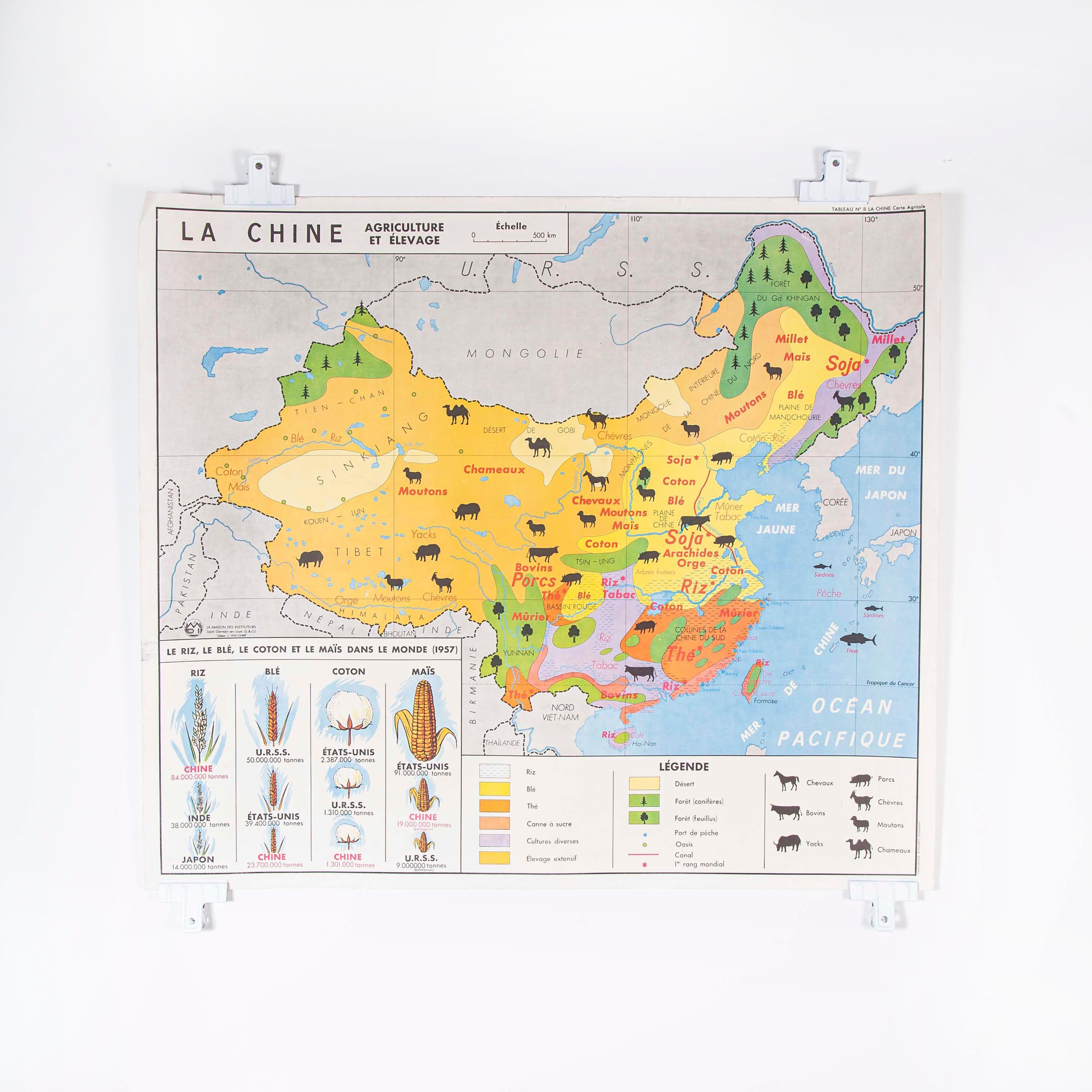 French Double Sided Educational School Poster of the Agriculture of China and US For Sale 11