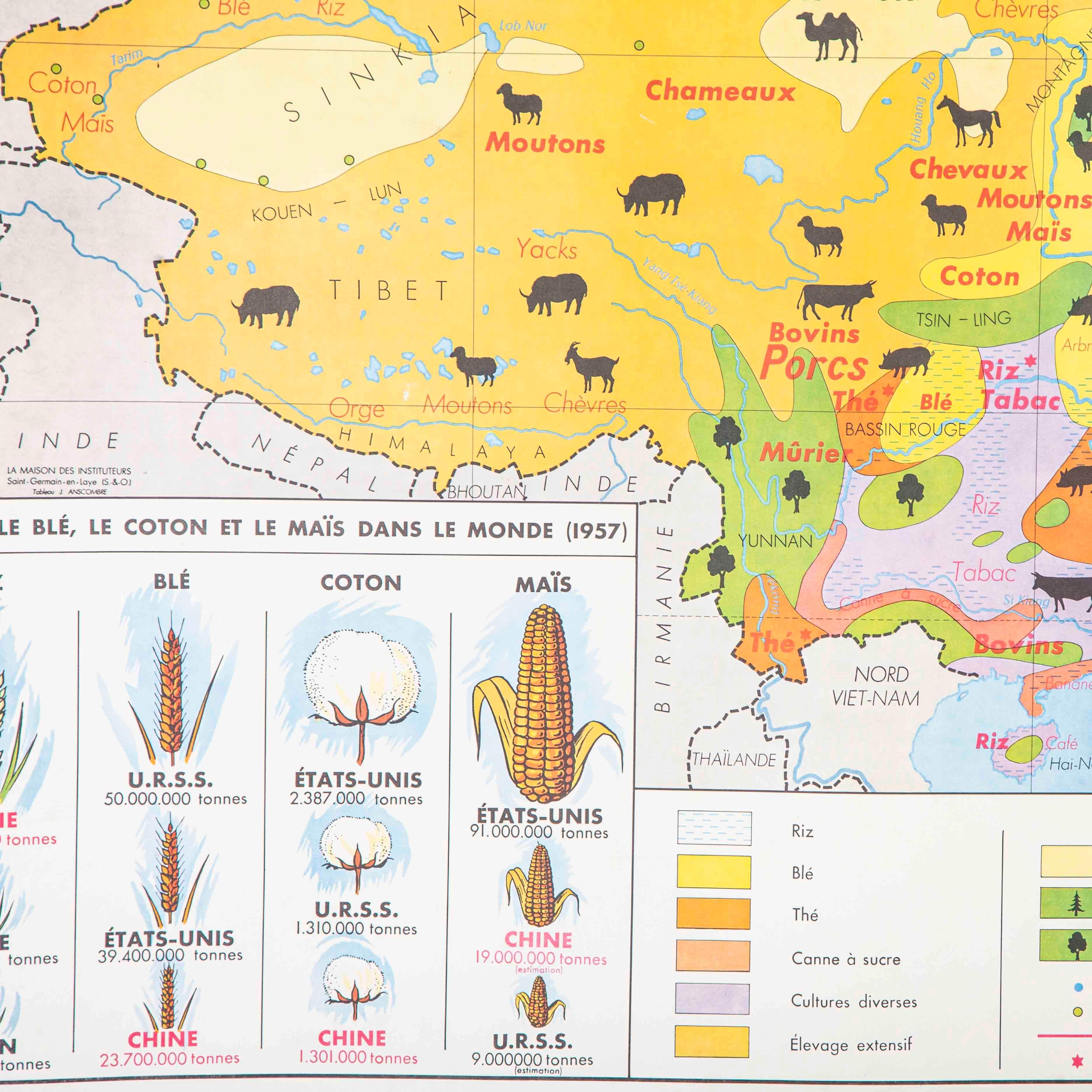 French Double Sided Educational School Poster of the Agriculture of China and US For Sale 4