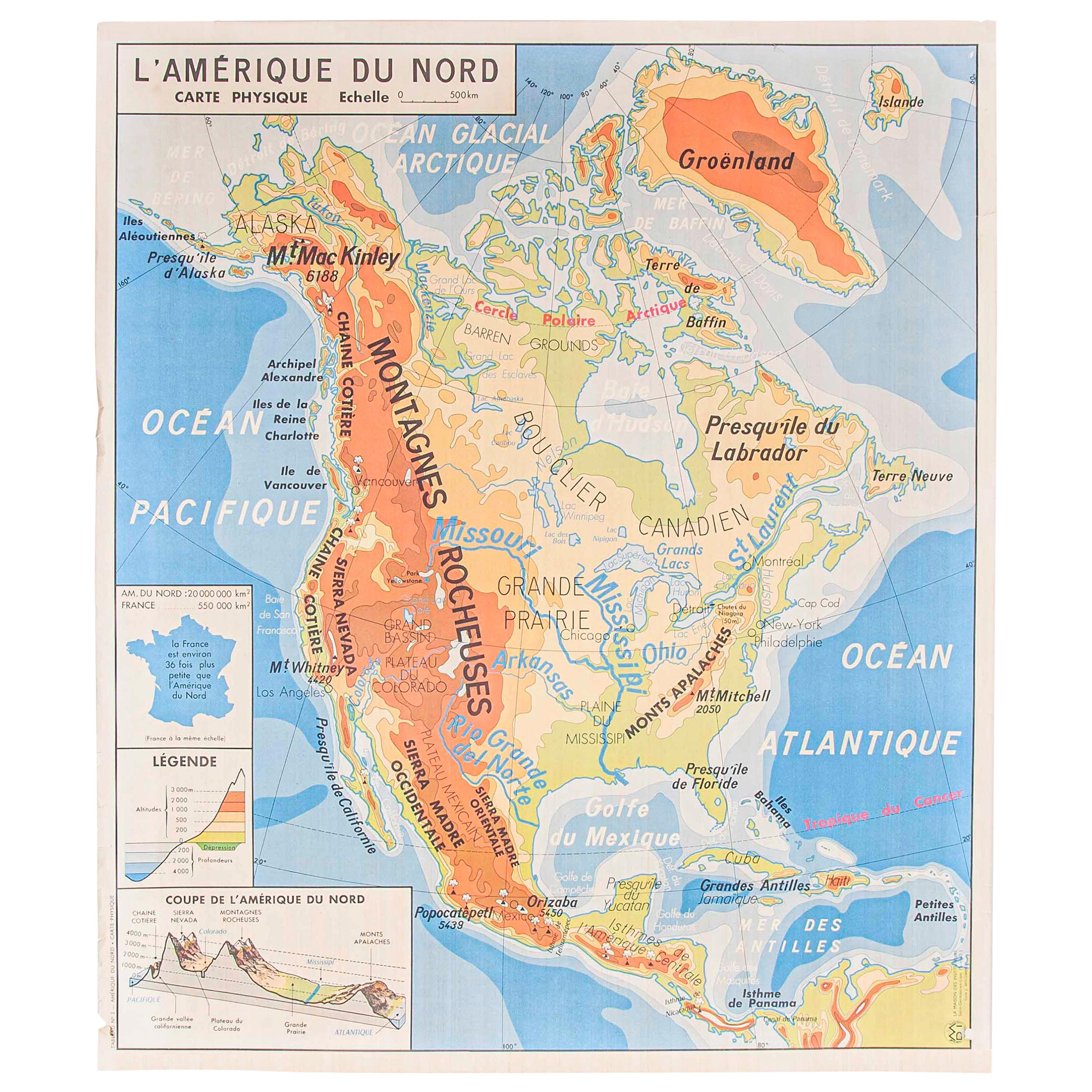 French Double Sided Educational School Poster Of The Physical Geography Of North