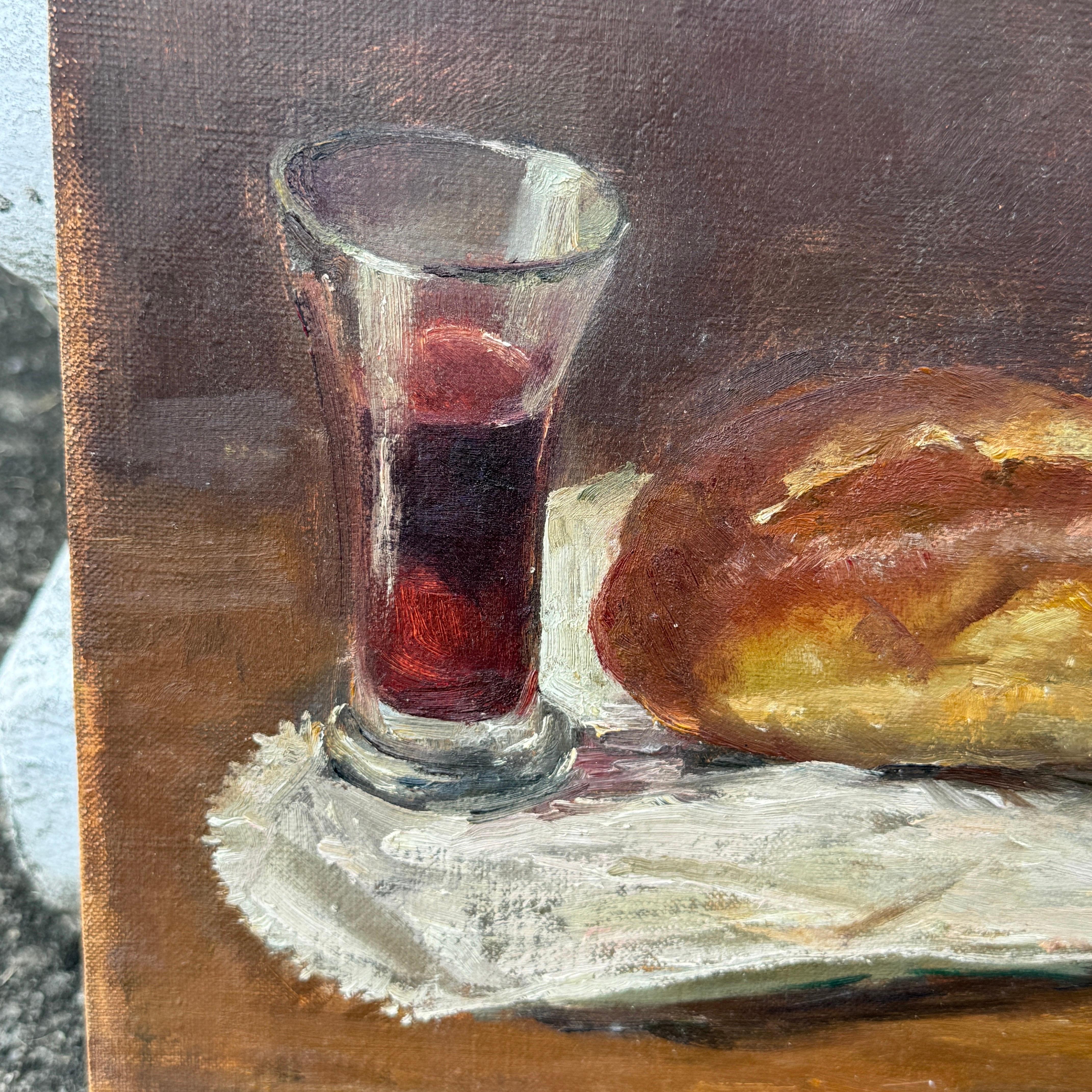 French Double Sided Still-Life Oil on Canvas Wine and Bread Painting For Sale 8