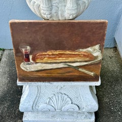 French Double Sided Still-Life Oil on Canvas Wine and Bread Painting