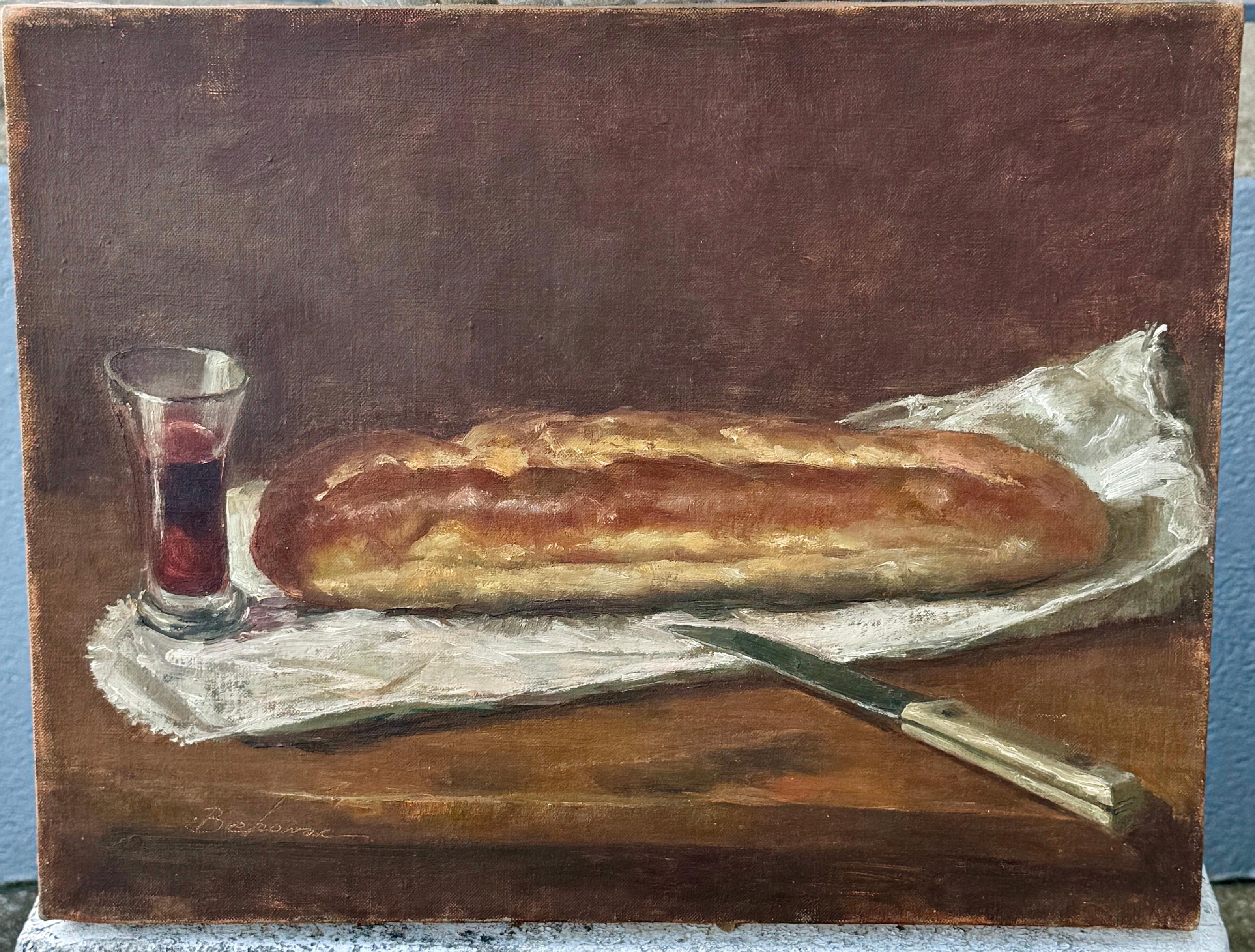 Hand-Painted French Double Sided Still-Life Oil on Canvas Wine and Bread Painting For Sale